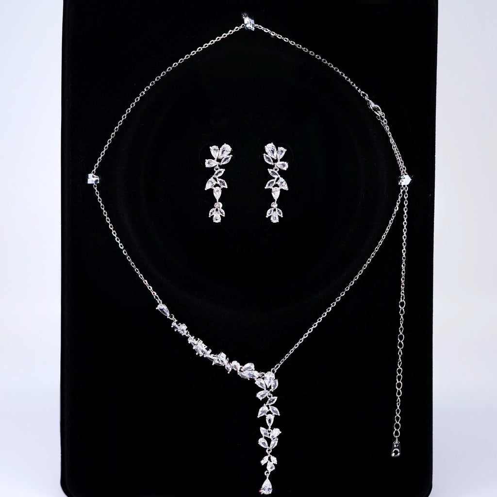 Asymmetrical Floral Leaves Vine Drop Necklace Set, Long Bridal Jewelry, Bridal Earrings And Necklace, Crystal Bridal , Statement Earrings
