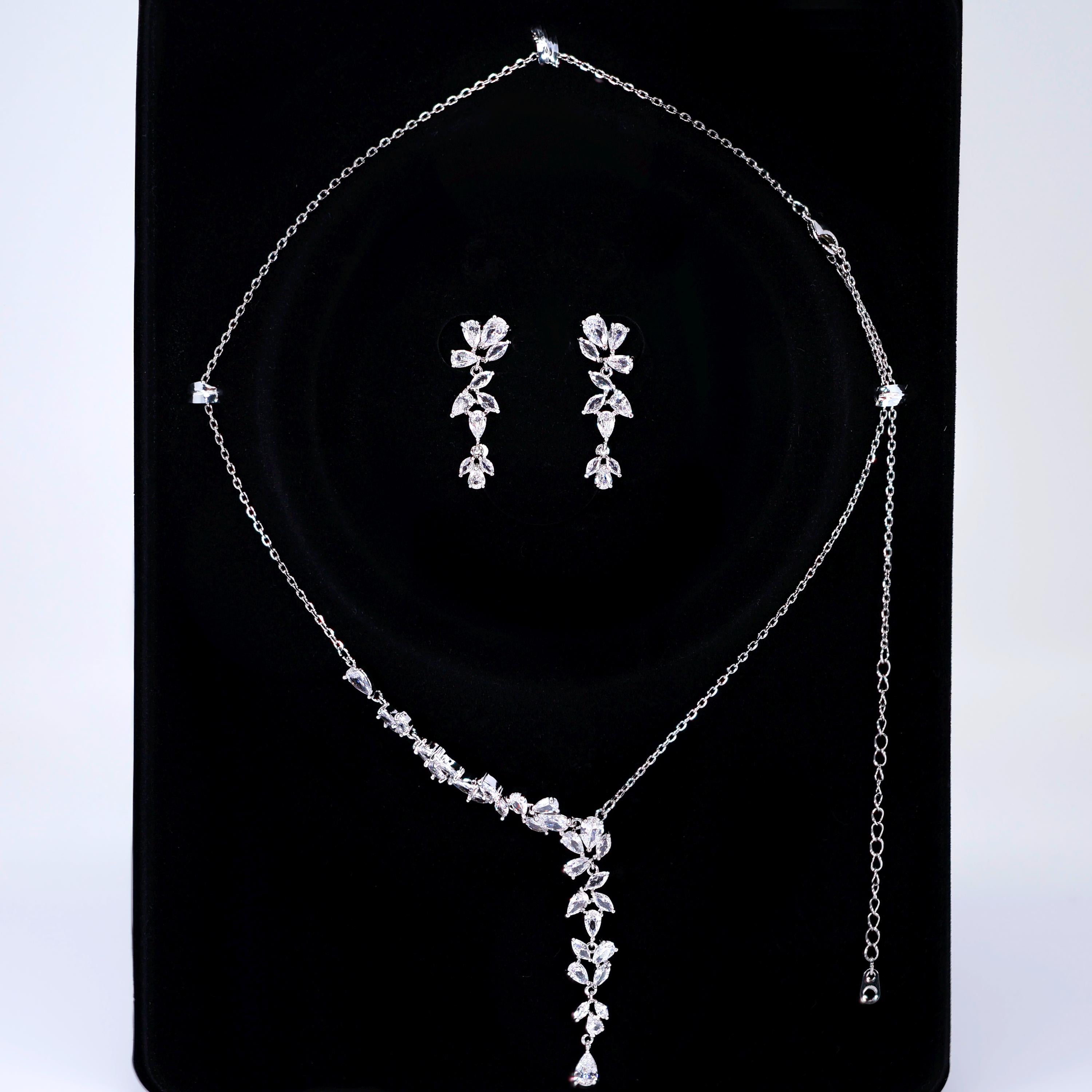 Asymmetrical Floral Leaves Vine Drop Necklace Set, Long Bridal Jewelry, Bridal Earrings And Necklace, Crystal Bridal , Statement Earrings