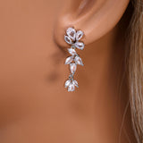 Asymmetrical Floral Leaves Vine Drop Necklace Set, Long Bridal Jewelry, Bridal Earrings And Necklace, Crystal Bridal , Statement Earrings