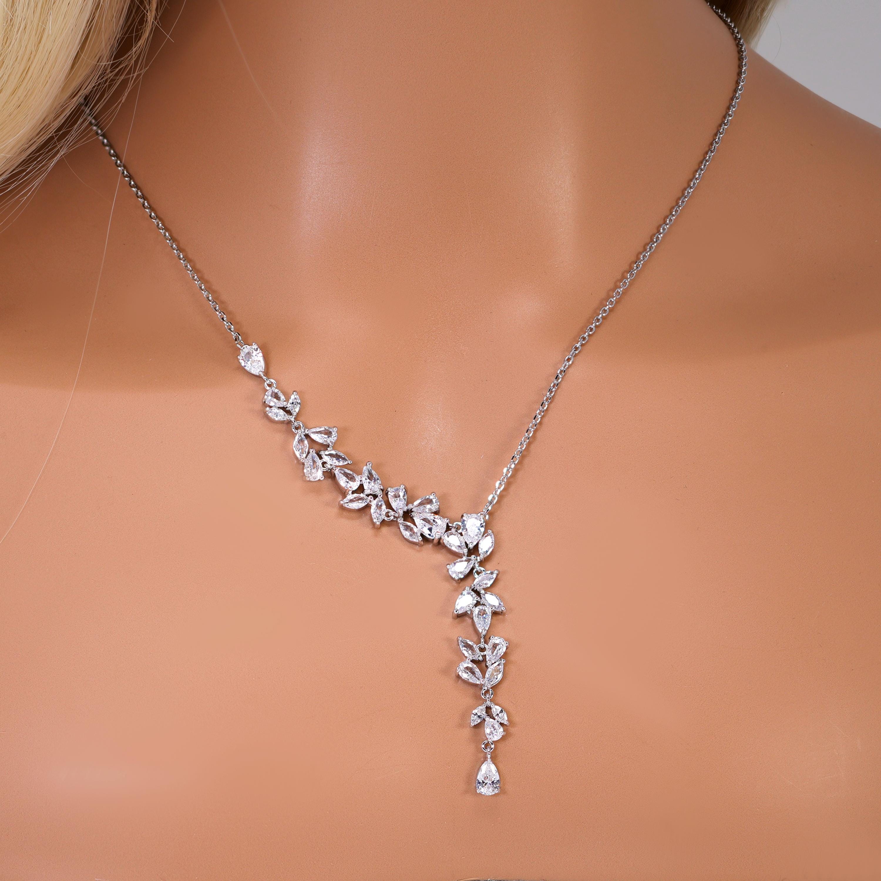 Asymmetrical Floral Leaves Vine Drop Necklace Set, Long Bridal Jewelry, Bridal Earrings And Necklace, Crystal Bridal , Statement Earrings