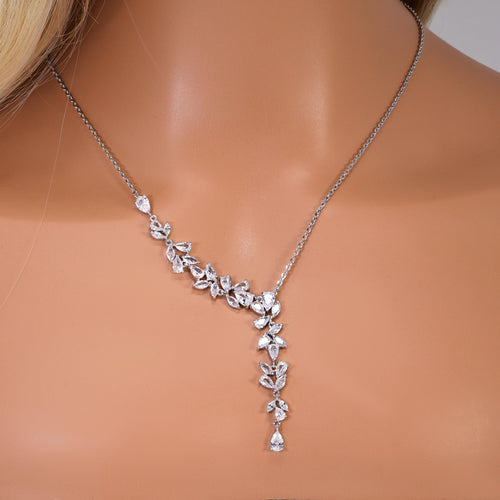 Asymmetrical Floral Leaves Vine Drop Necklace Set, Long Bridal Jewelry, Bridal Earrings And Necklace, Crystal Bridal , Statement Earrings