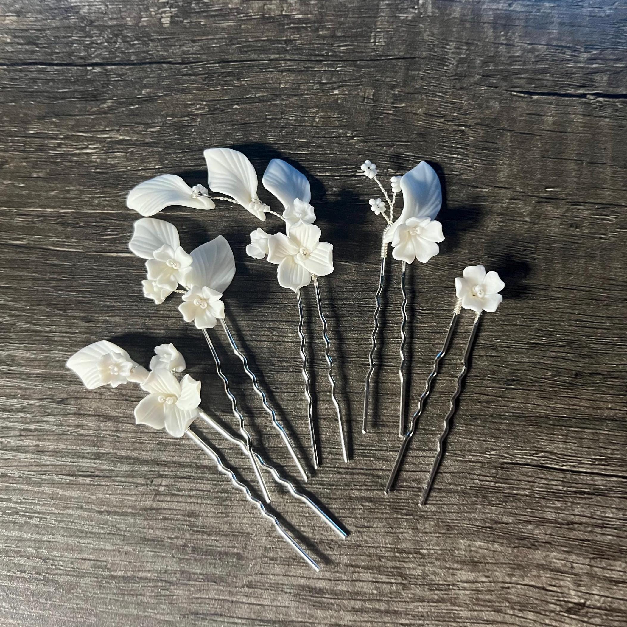 Set Of 5 Porcelain White Floral And Faux Pearl Elegance In Garden Hair Pins , Ceramic Hair pins Set, Bridal Hair Accessories