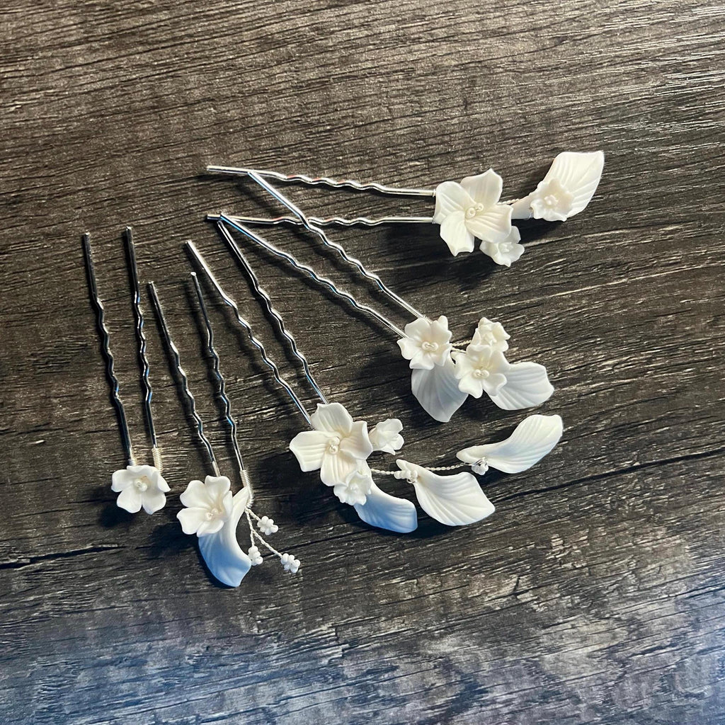 Set Of 5 Porcelain White Floral And Faux Pearl Elegance In Garden Hair Pins , Ceramic Hair pins Set, Bridal Hair Accessories