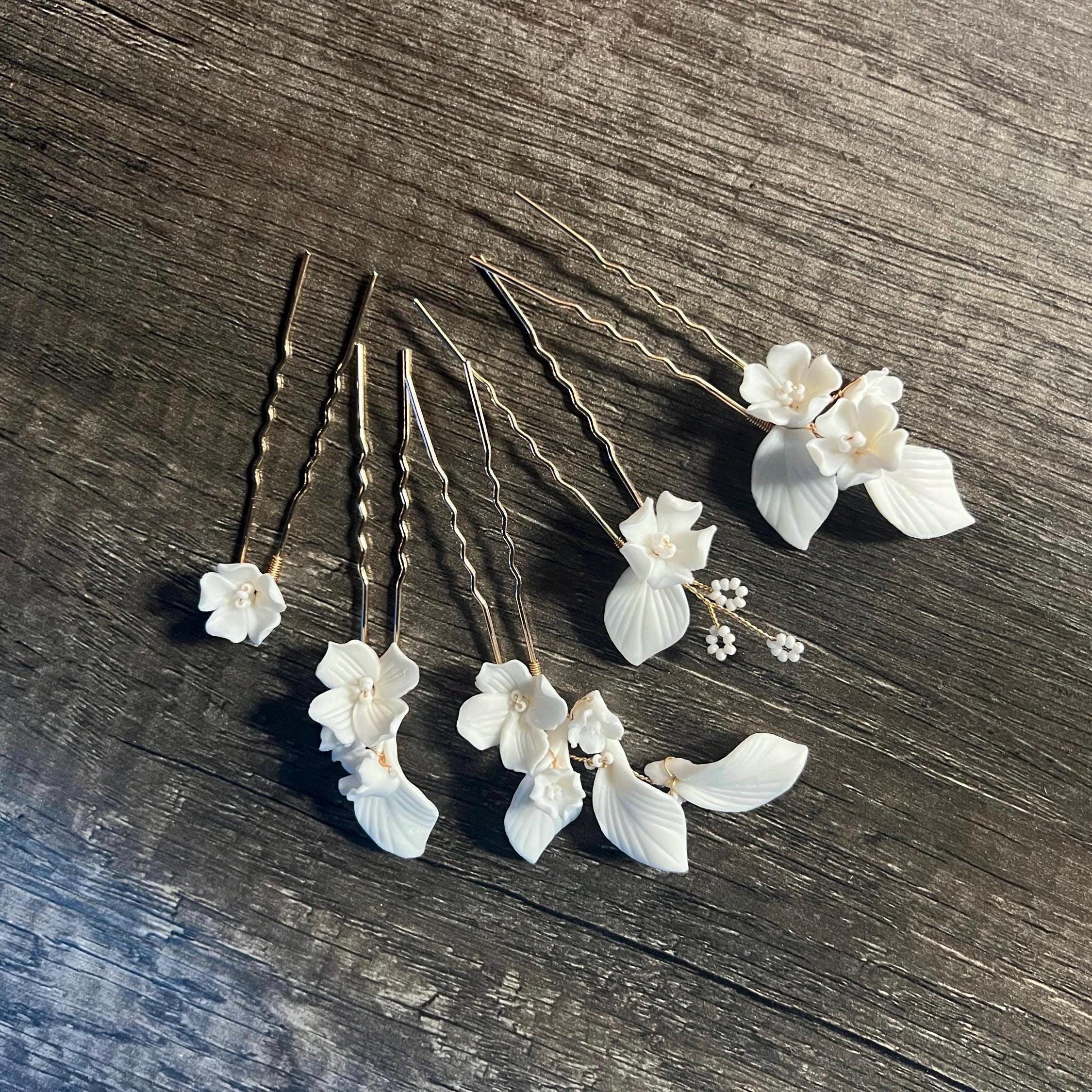 Set Of 5 Porcelain White Floral And Faux Pearl Elegance In Garden Hair Pins , Ceramic Hair pins Set, Bridal Hair Accessories