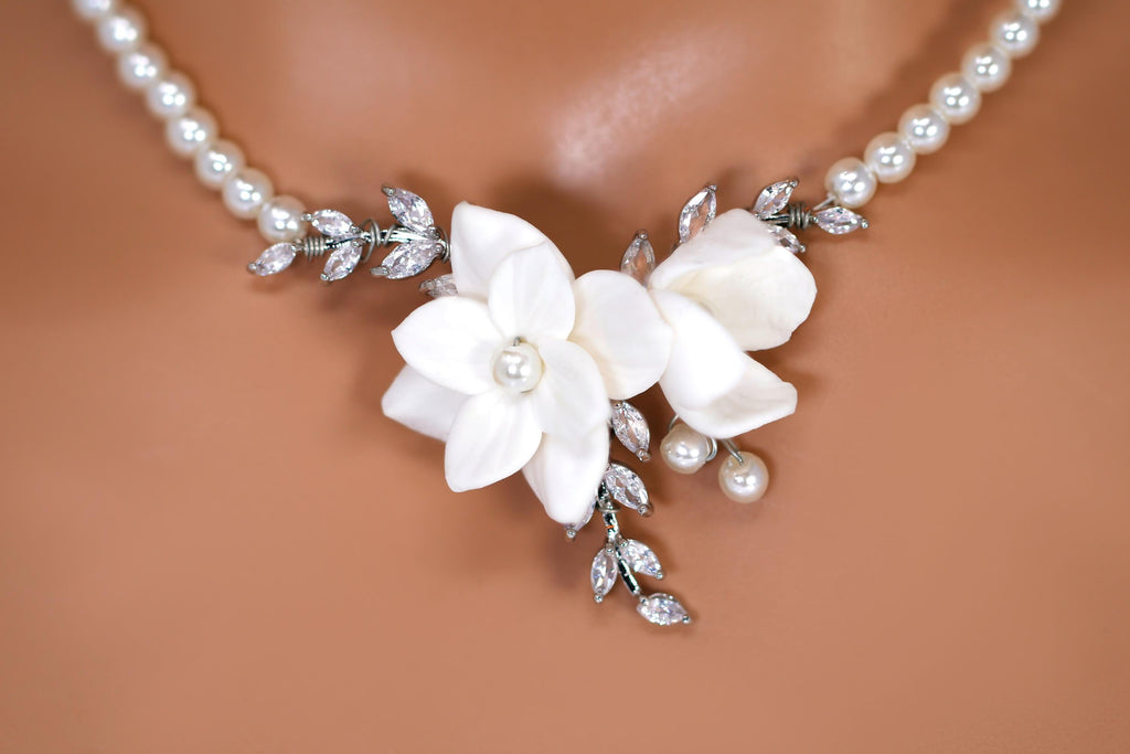 CZ Leaves With White Flowers In Pearl's Embrace Jewelry Set, Gift For Her, Bride to be, Mother Of Bride, Bridal Wedding Accessory.