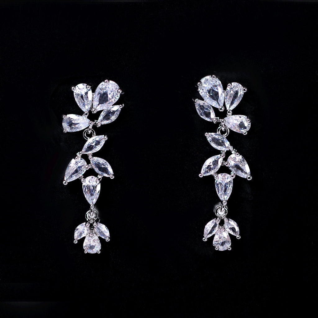 Asymmetrical Floral Leaves Vine Drop Necklace Set, Long Bridal Jewelry, Bridal Earrings And Necklace, Crystal Bridal , Statement Earrings