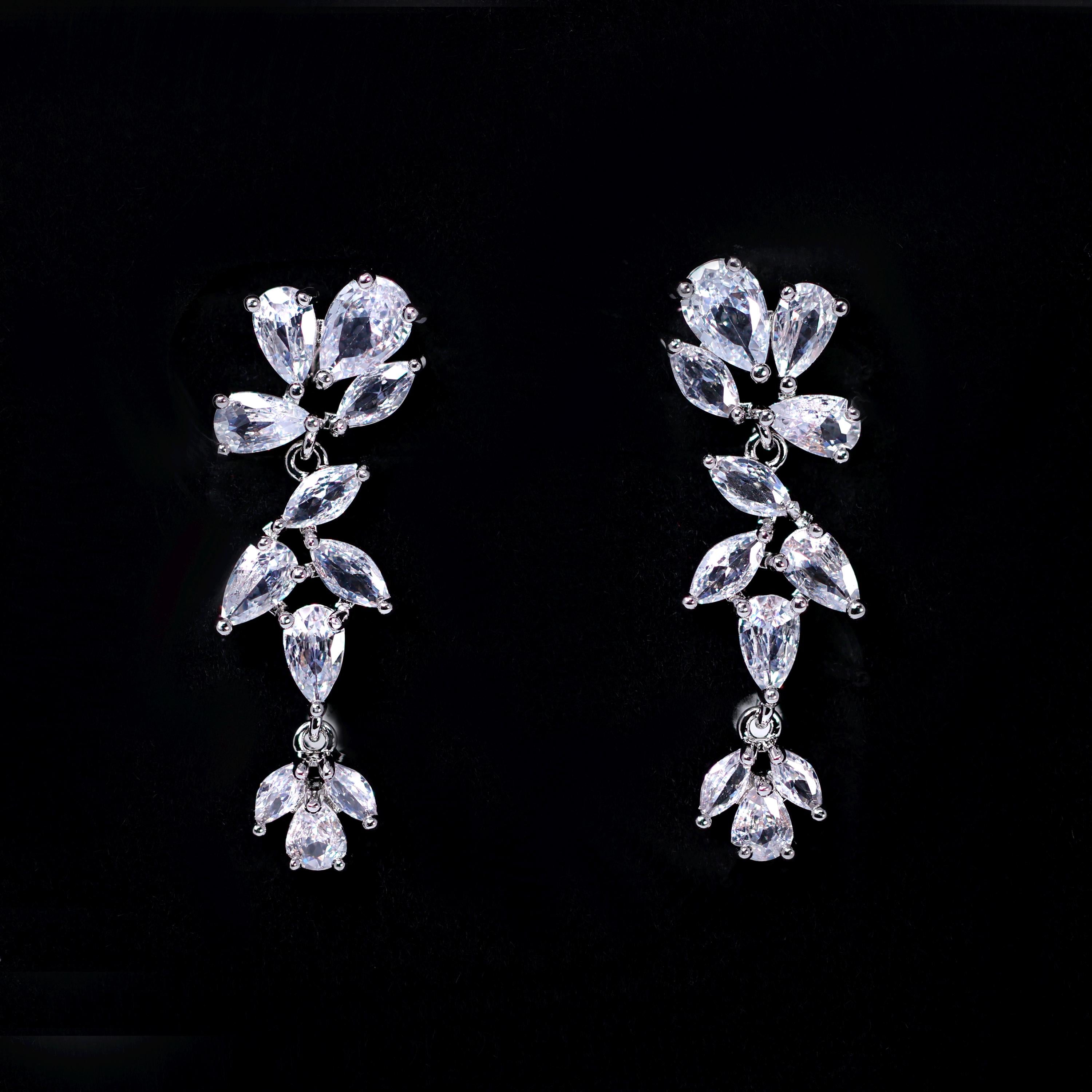 Asymmetrical Floral Leaves Vine Drop Necklace Set, Long Bridal Jewelry, Bridal Earrings And Necklace, Crystal Bridal , Statement Earrings