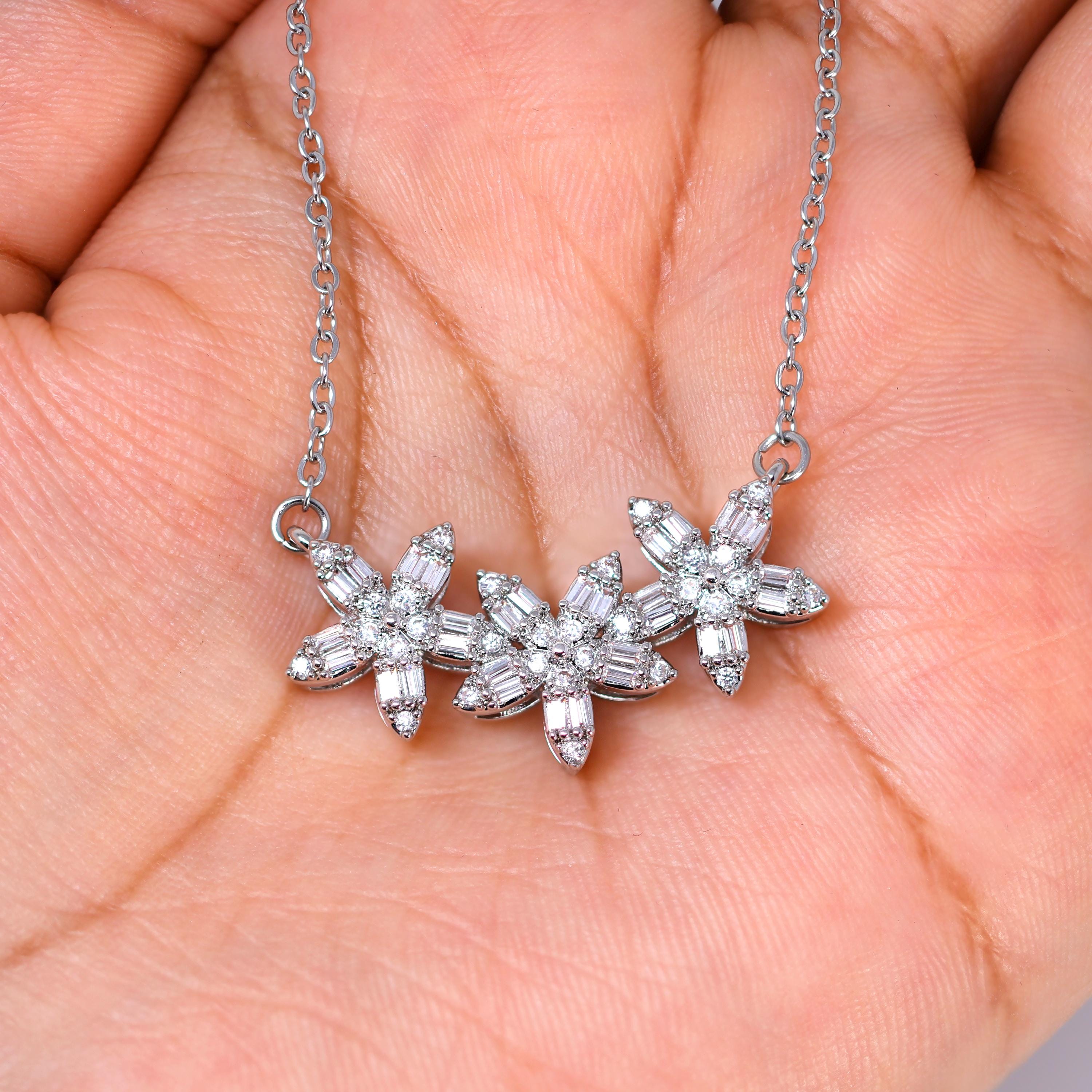 Dainty Smile In Flowers Dainty Necklace , Long Bridal Jewelry, Bridal Earrings And Necklace, Statement Earrings Cz Necklace Set.