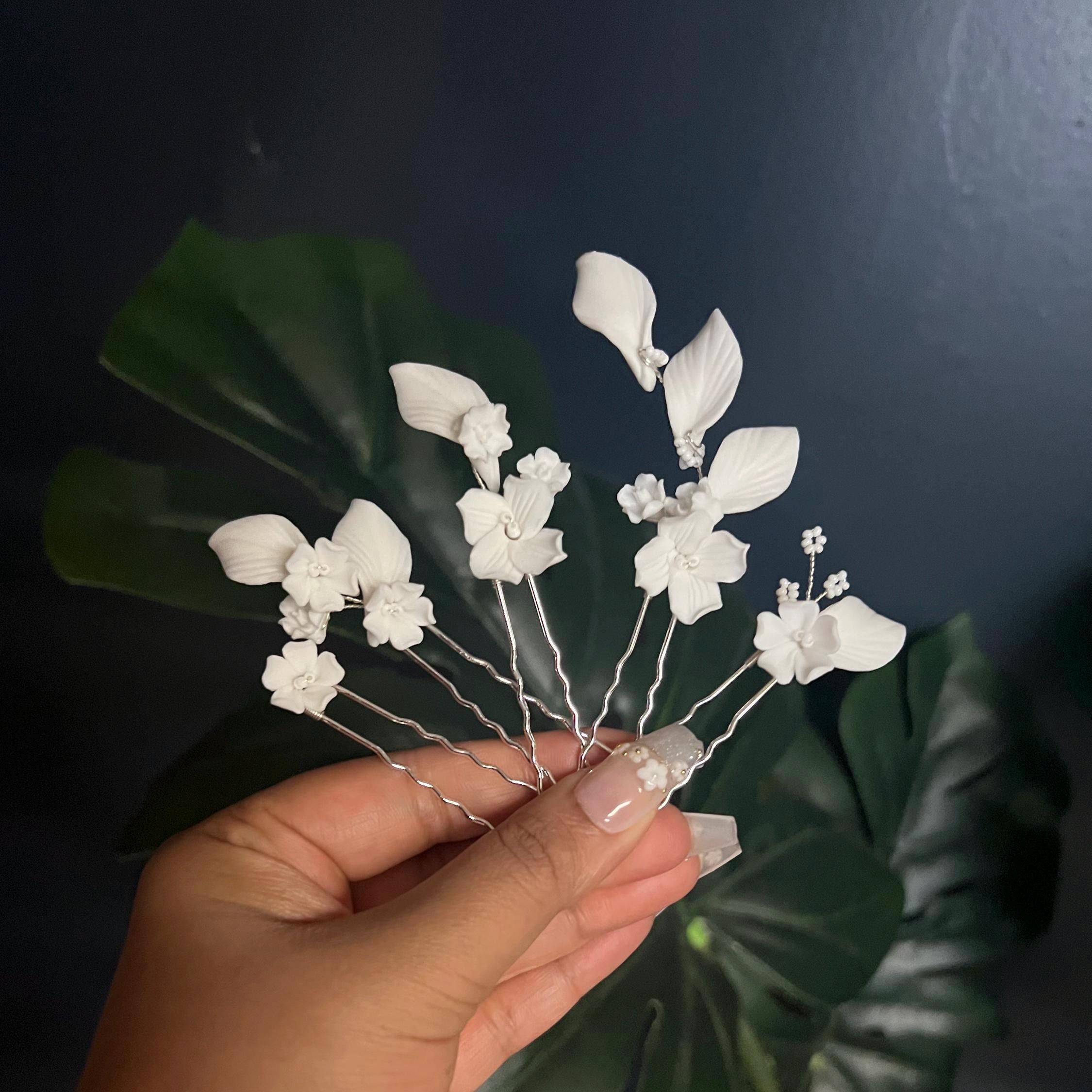 Set Of 5 Porcelain White Floral And Faux Pearl Elegance In Garden Hair Pins , Ceramic Hair pins Set, Bridal Hair Accessories
