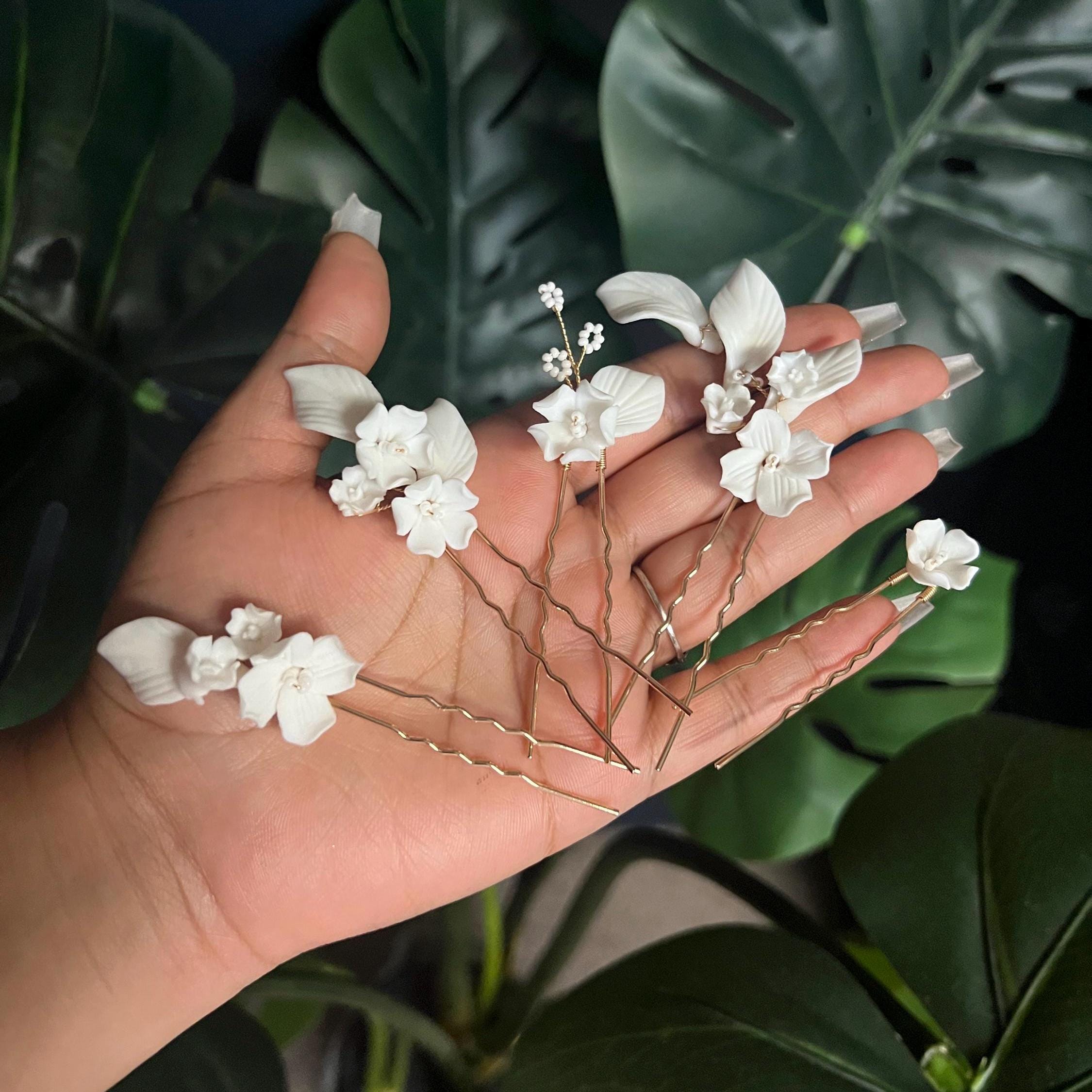 Set Of 5 Porcelain White Floral And Faux Pearl Elegance In Garden Hair Pins , Ceramic Hair pins Set, Bridal Hair Accessories