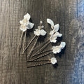 Set Of 5 Porcelain White Floral And Faux Pearl Elegance In Garden Hair Pins , Ceramic Hair pins Set, Bridal Hair Accessories