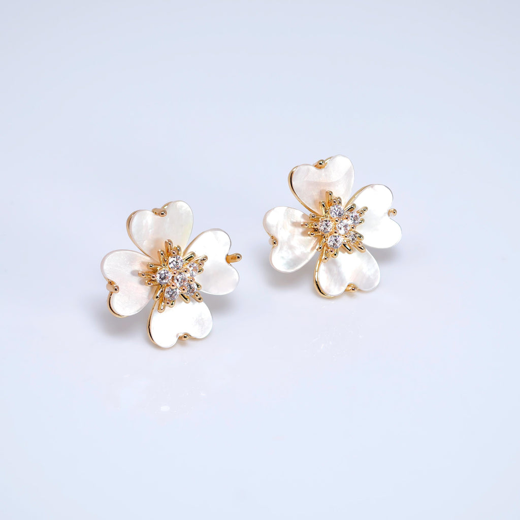 CZ Gold Mother Of Pearl Flower Earrings, Bridal Jewelry Bridal Peach flower Stud Earrings Pearl Stud Statement Earrings