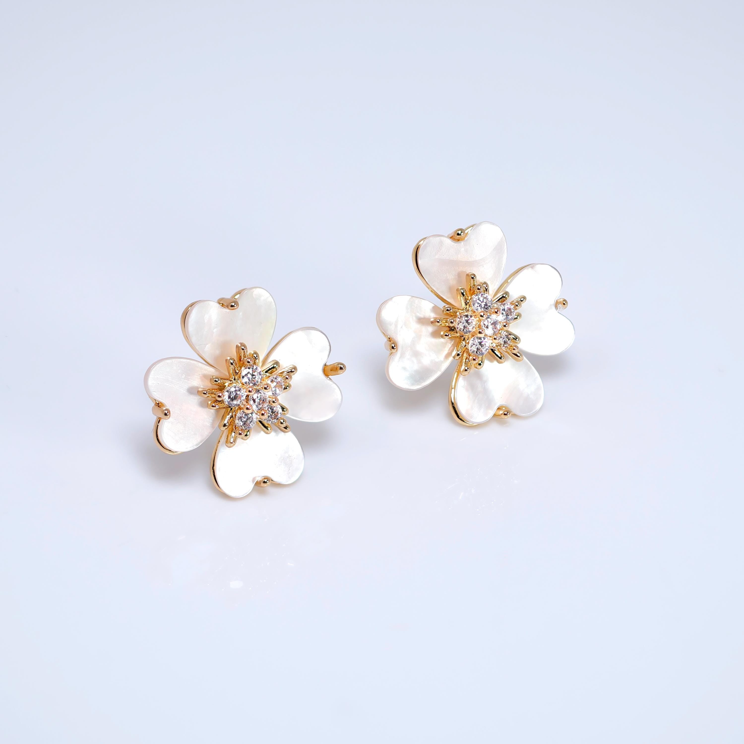 CZ Gold Mother Of Pearl Flower Earrings, Bridal Jewelry Bridal Peach flower Stud Earrings Pearl Stud Statement Earrings