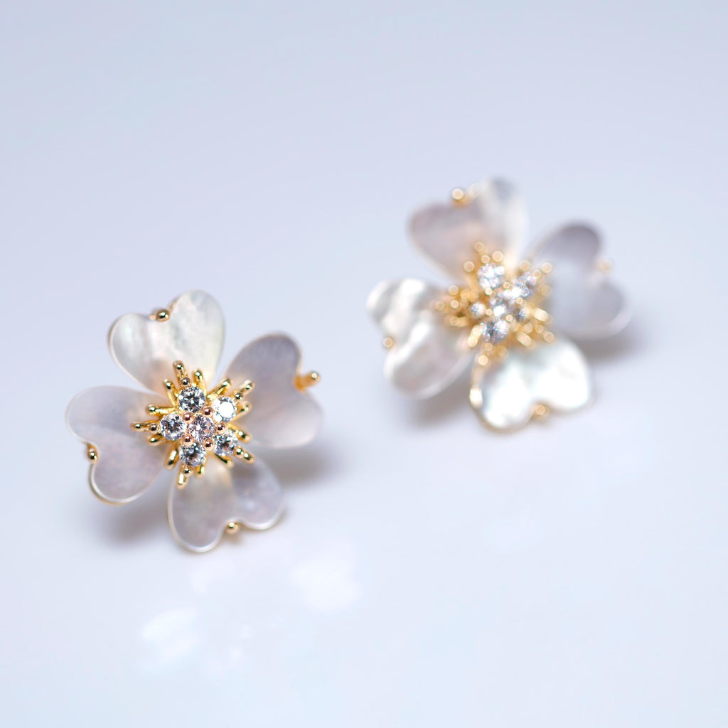 CZ Gold Mother Of Pearl Flower Earrings, Bridal Jewelry Bridal Peach flower Stud Earrings Pearl Stud Statement Earrings