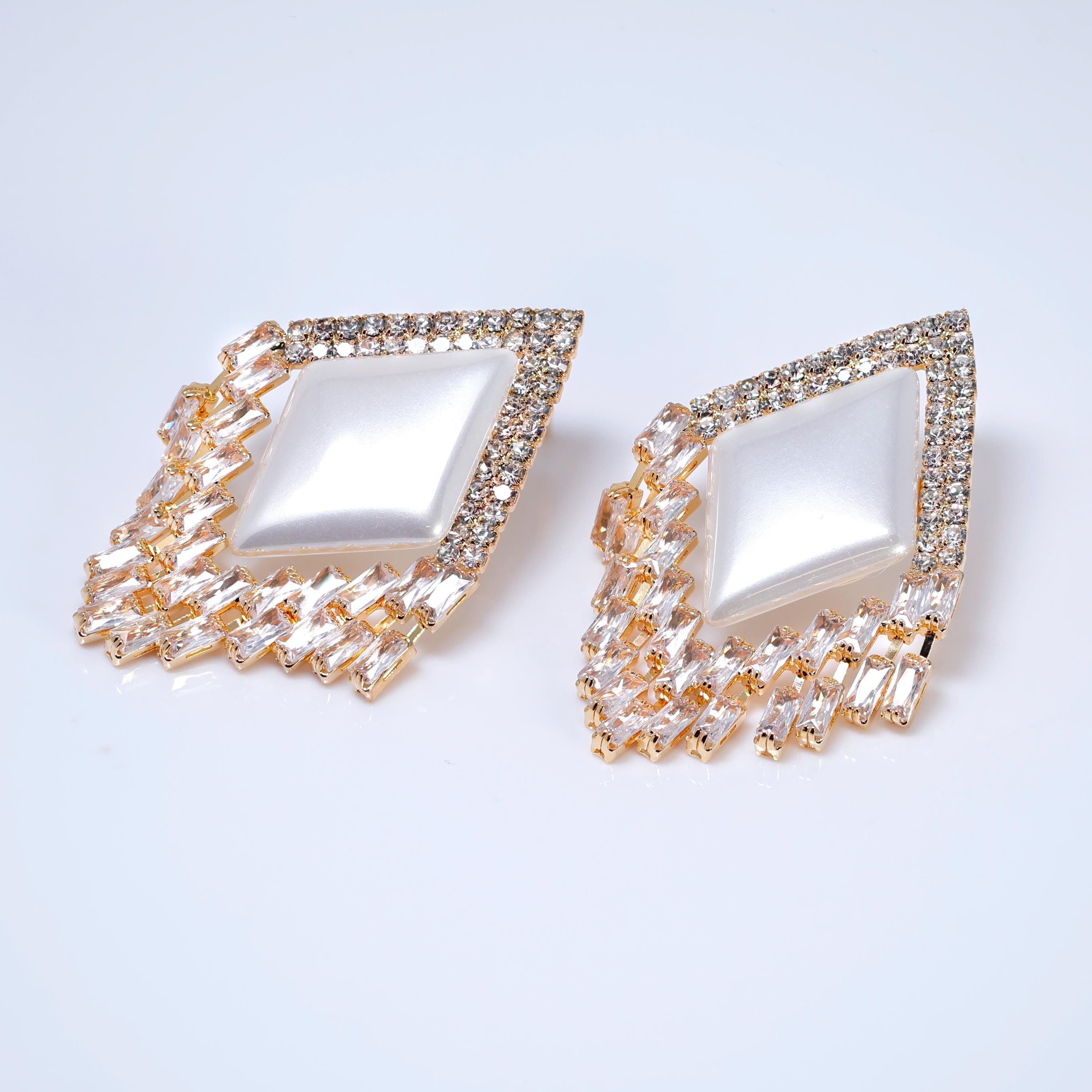CZ Deco Mirage Faux Pearl Tassel Stud Earrings, Bridal Jewelry, Crystal Bridal Earrings, Statement Earrings Cz