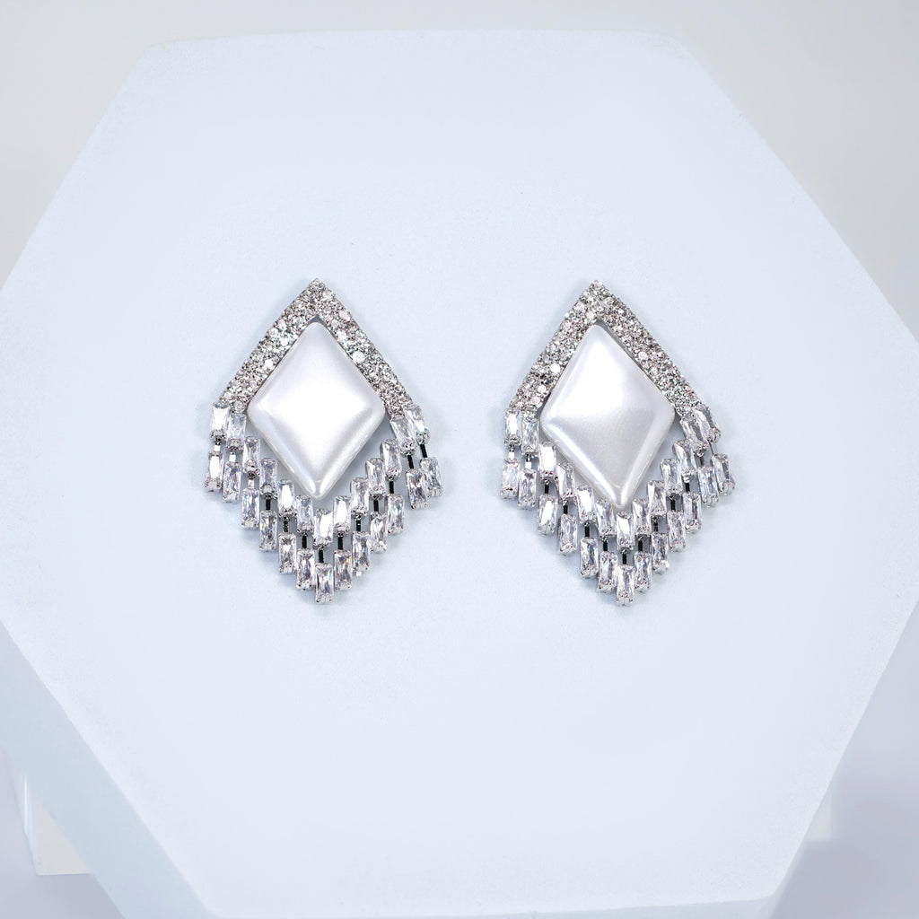 CZ Deco Mirage Faux Pearl Tassel Stud Earrings, Bridal Jewelry, Crystal Bridal Earrings, Statement Earrings Cz
