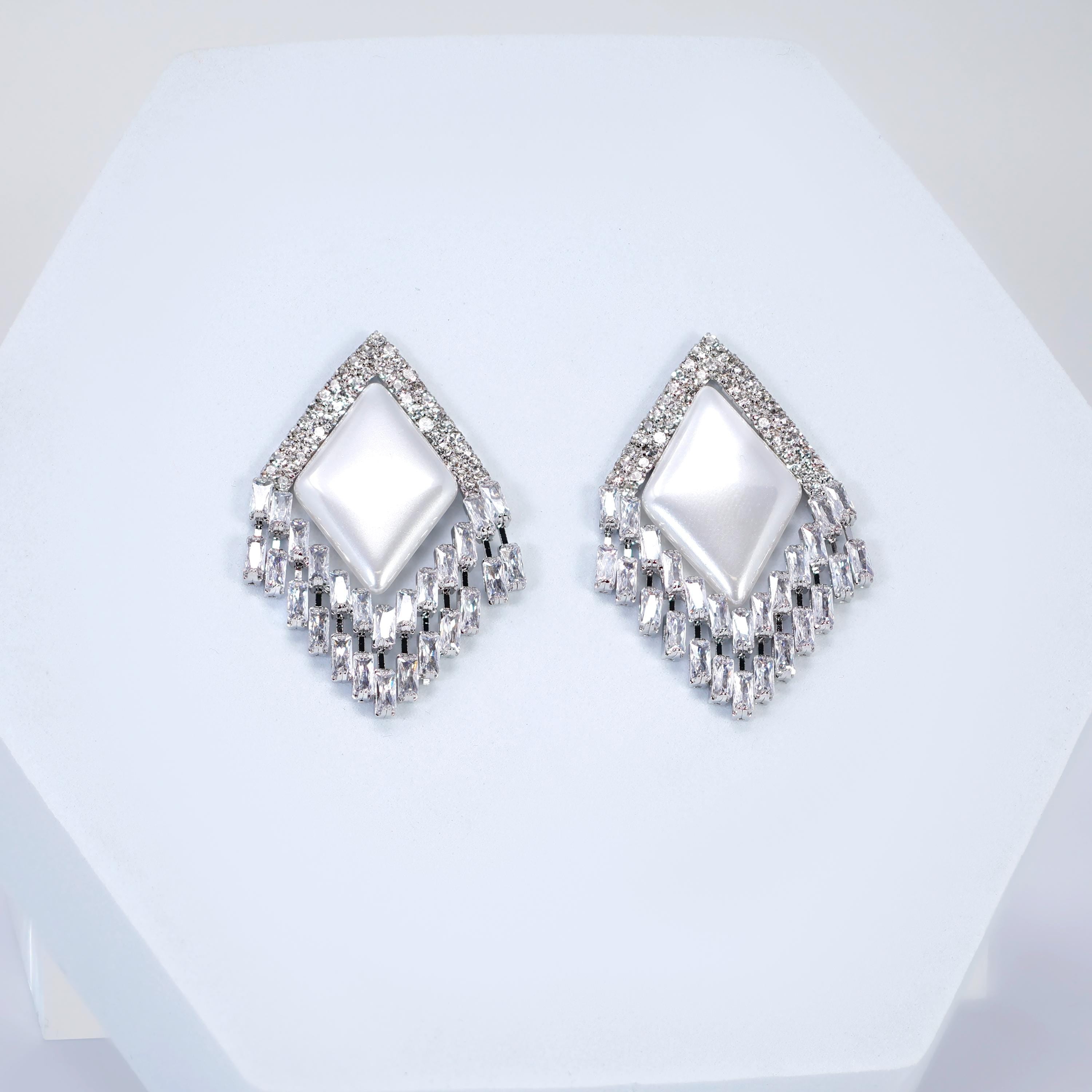 CZ Deco Mirage Faux Pearl Tassel Stud Earrings, Bridal Jewelry, Crystal Bridal Earrings, Statement Earrings Cz