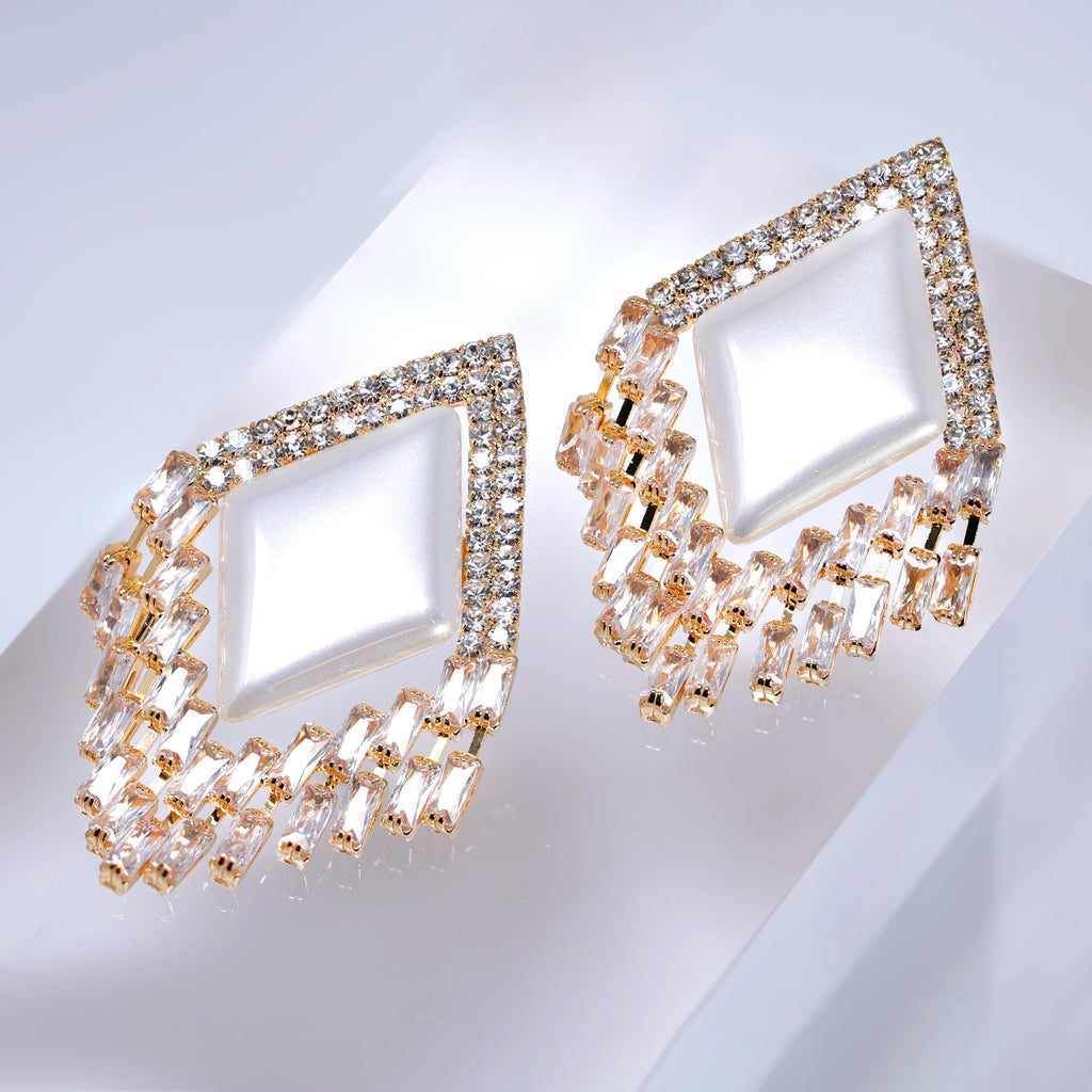 CZ Deco Mirage Faux Pearl Tassel Stud Earrings, Bridal Jewelry, Crystal Bridal Earrings, Statement Earrings Cz