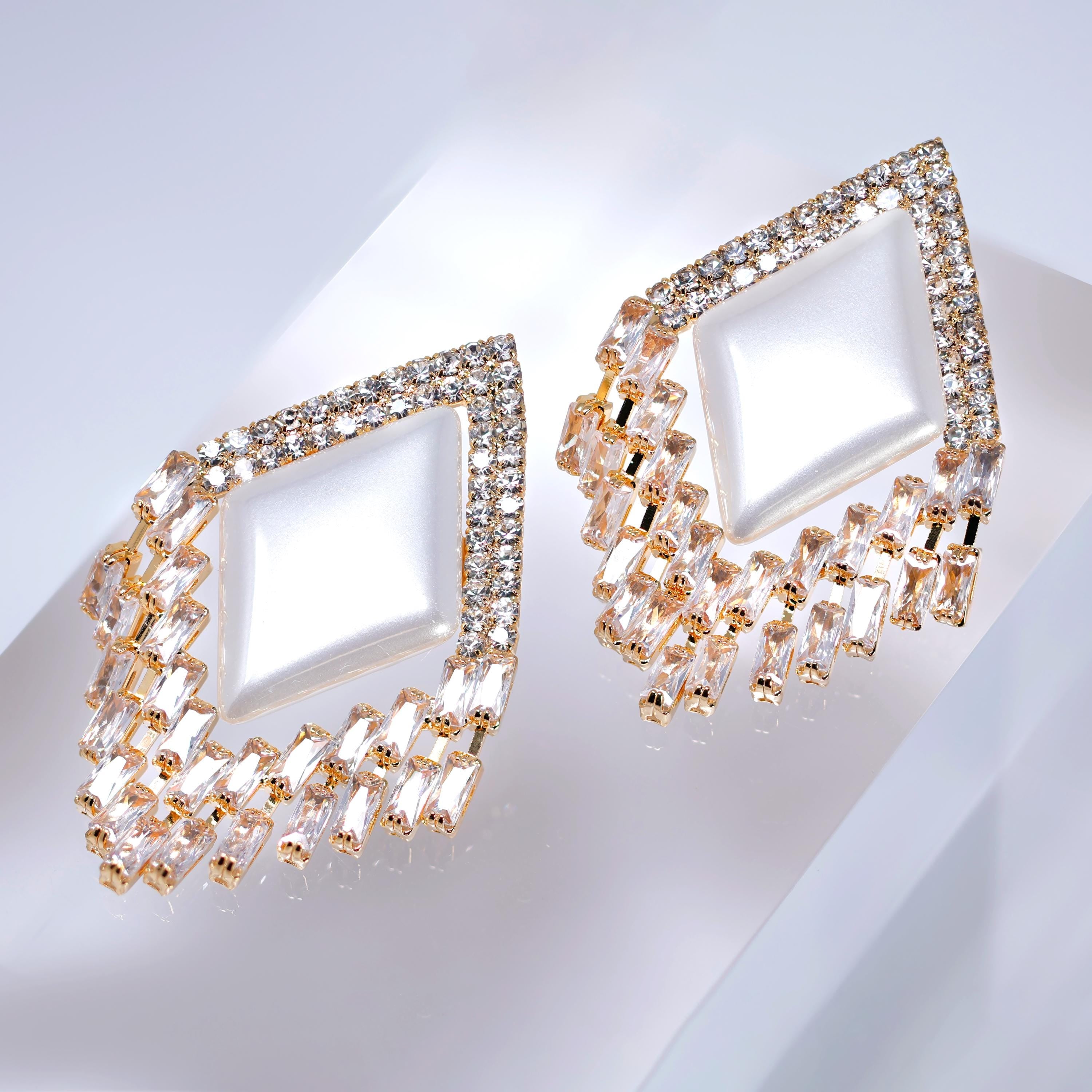 CZ Deco Mirage Faux Pearl Tassel Stud Earrings, Bridal Jewelry, Crystal Bridal Earrings, Statement Earrings Cz