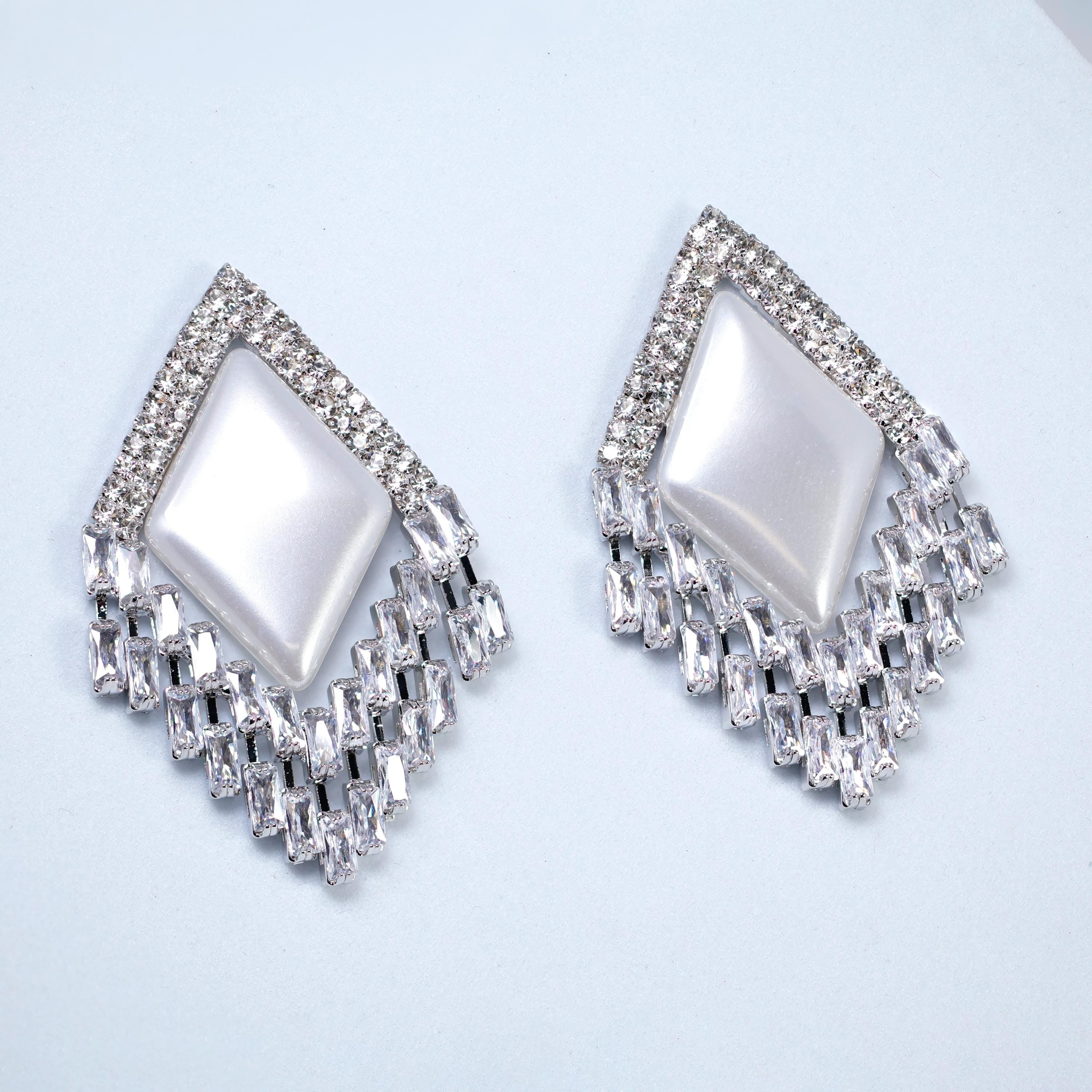 CZ Deco Mirage Faux Pearl Tassel Stud Earrings, Bridal Jewelry, Crystal Bridal Earrings, Statement Earrings Cz