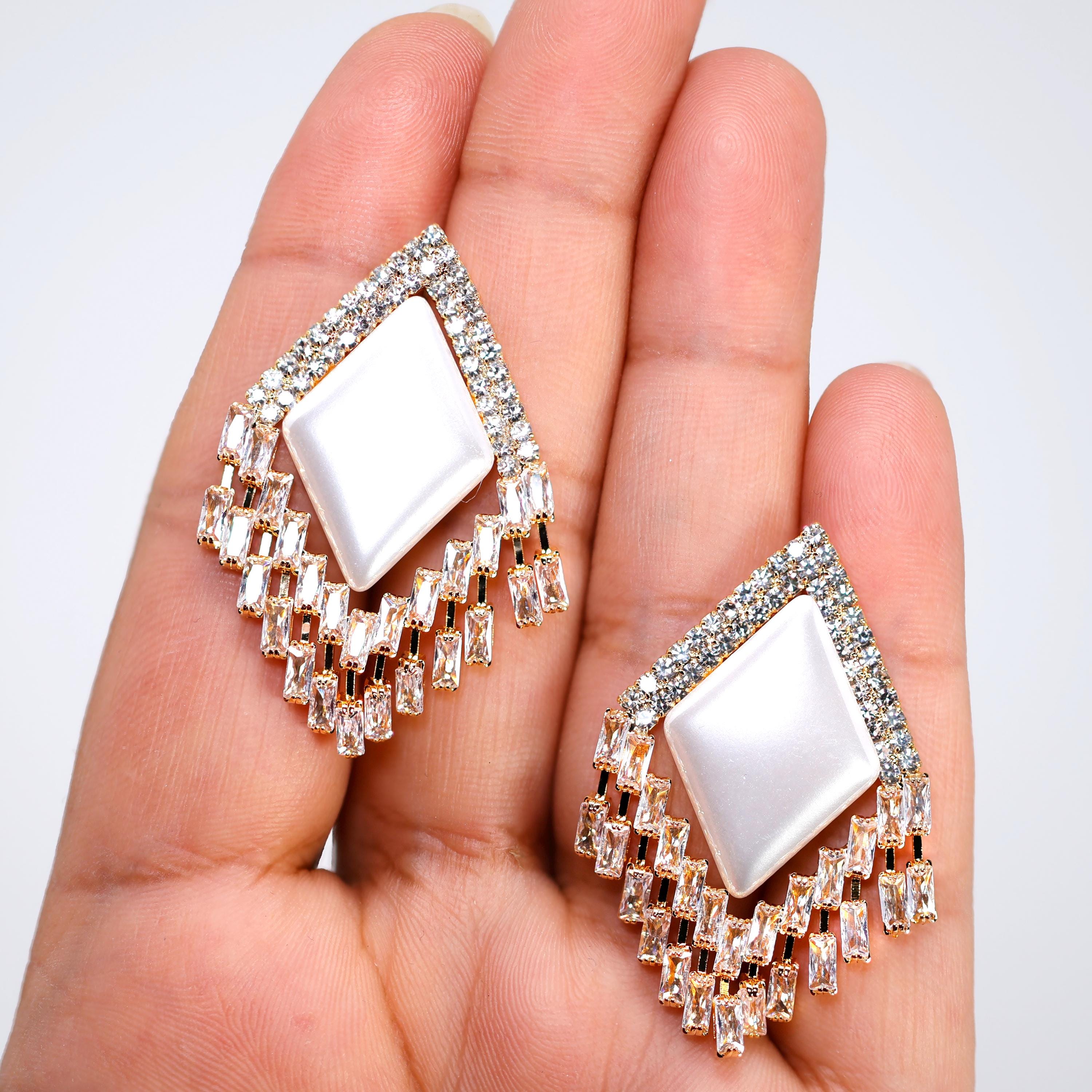 CZ Deco Mirage Faux Pearl Tassel Stud Earrings, Bridal Jewelry, Crystal Bridal Earrings, Statement Earrings Cz