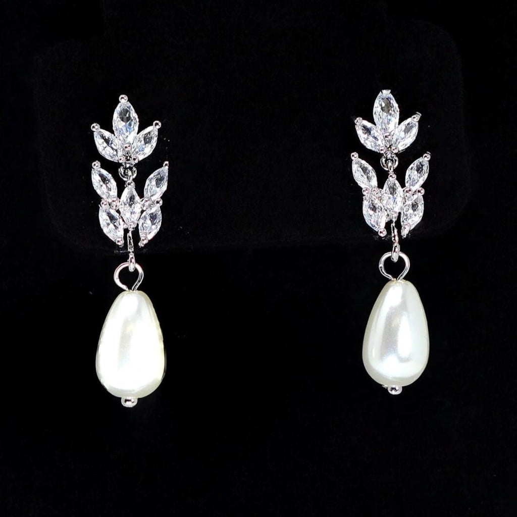 Swarovski Crystal Faux Pearl Drop Vine Leaves Earrings, Long Bridal Earrings, Statement Earrings Cz