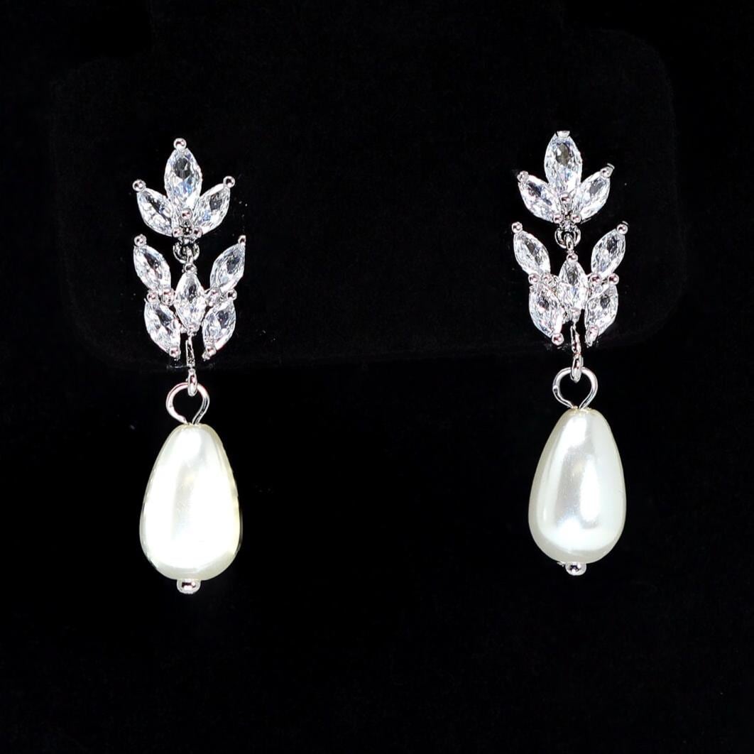 Swarovski Crystal Faux Pearl Drop Vine Leaves Earrings, Long Bridal Earrings, Statement Earrings Cz