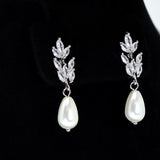 Swarovski Crystal Faux Pearl Drop Vine Leaves Earrings, Long Bridal Earrings, Statement Earrings Cz