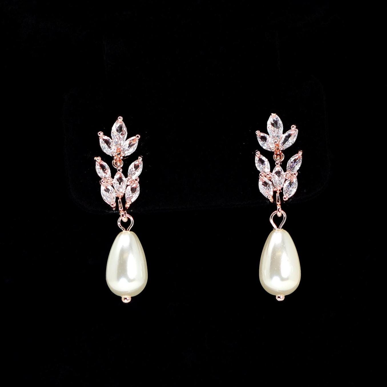 Swarovski Crystal Faux Pearl Drop Vine Leaves Earrings, Long Bridal Earrings, Statement Earrings Cz