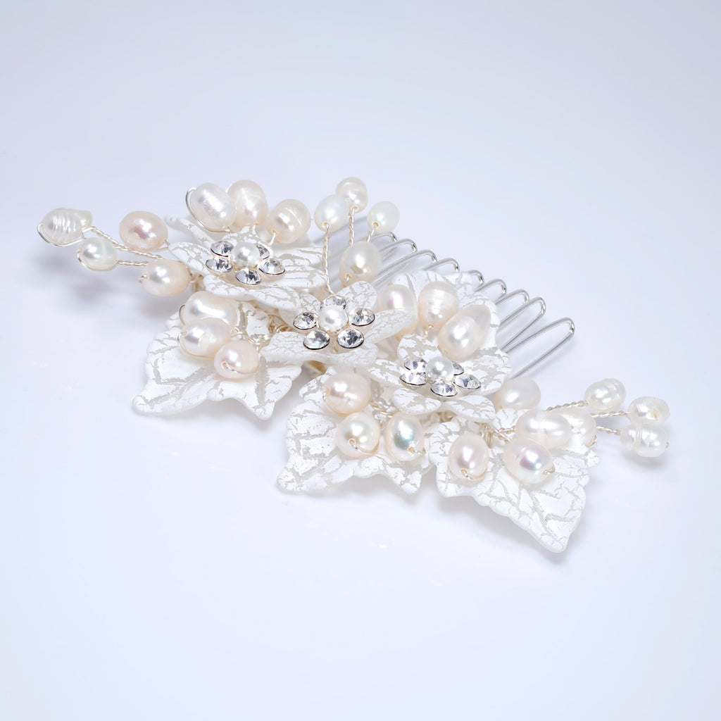 Natural Pearl, White Flower And Leaves Hair Comb, Bridal Hair Comb, Gift For Her, Bridesmaid, Mother Of Bride/Groom Accessory