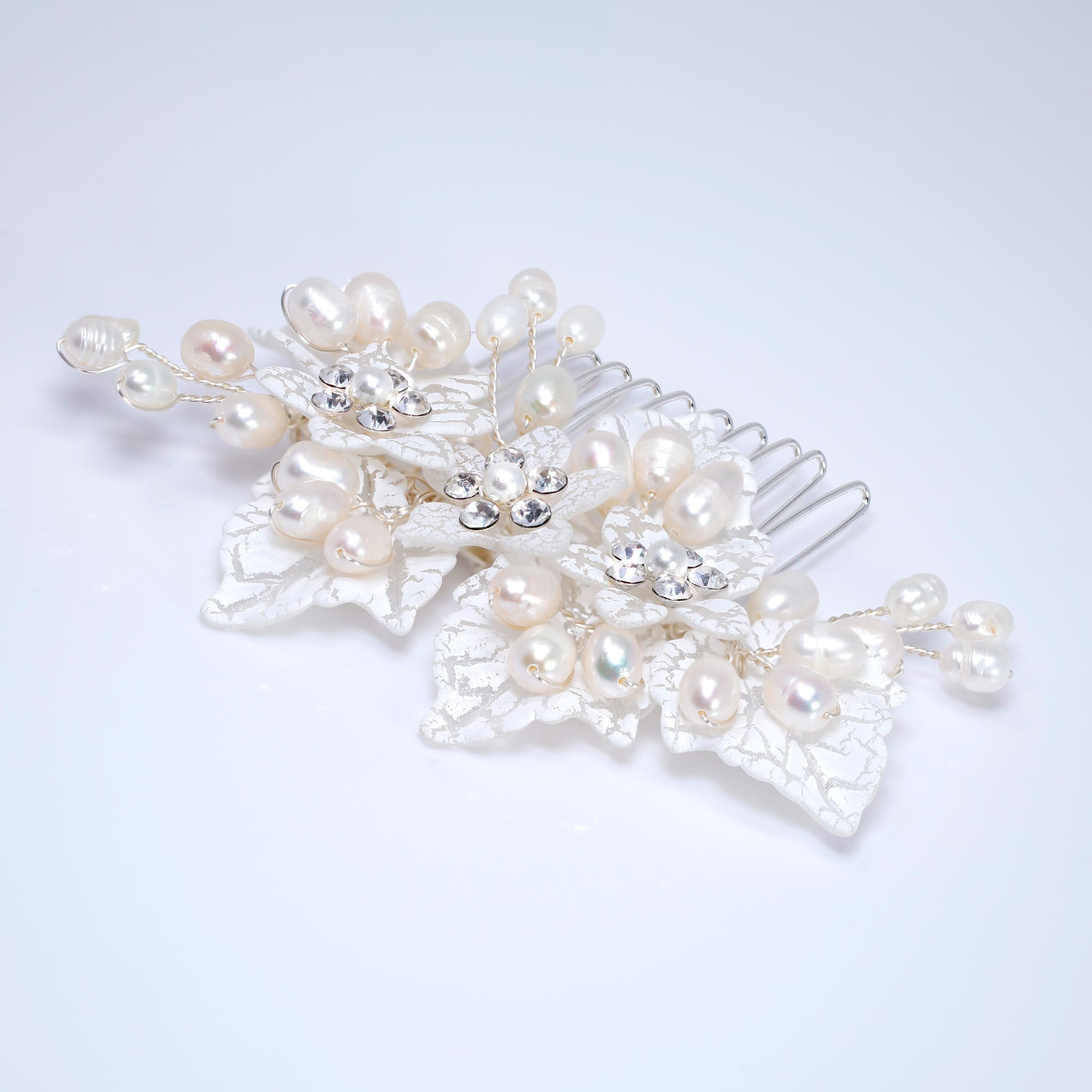 Natural Pearl, White Flower And Leaves Hair Comb, Bridal Hair Comb, Gift For Her, Bridesmaid, Mother Of Bride/Groom Accessory