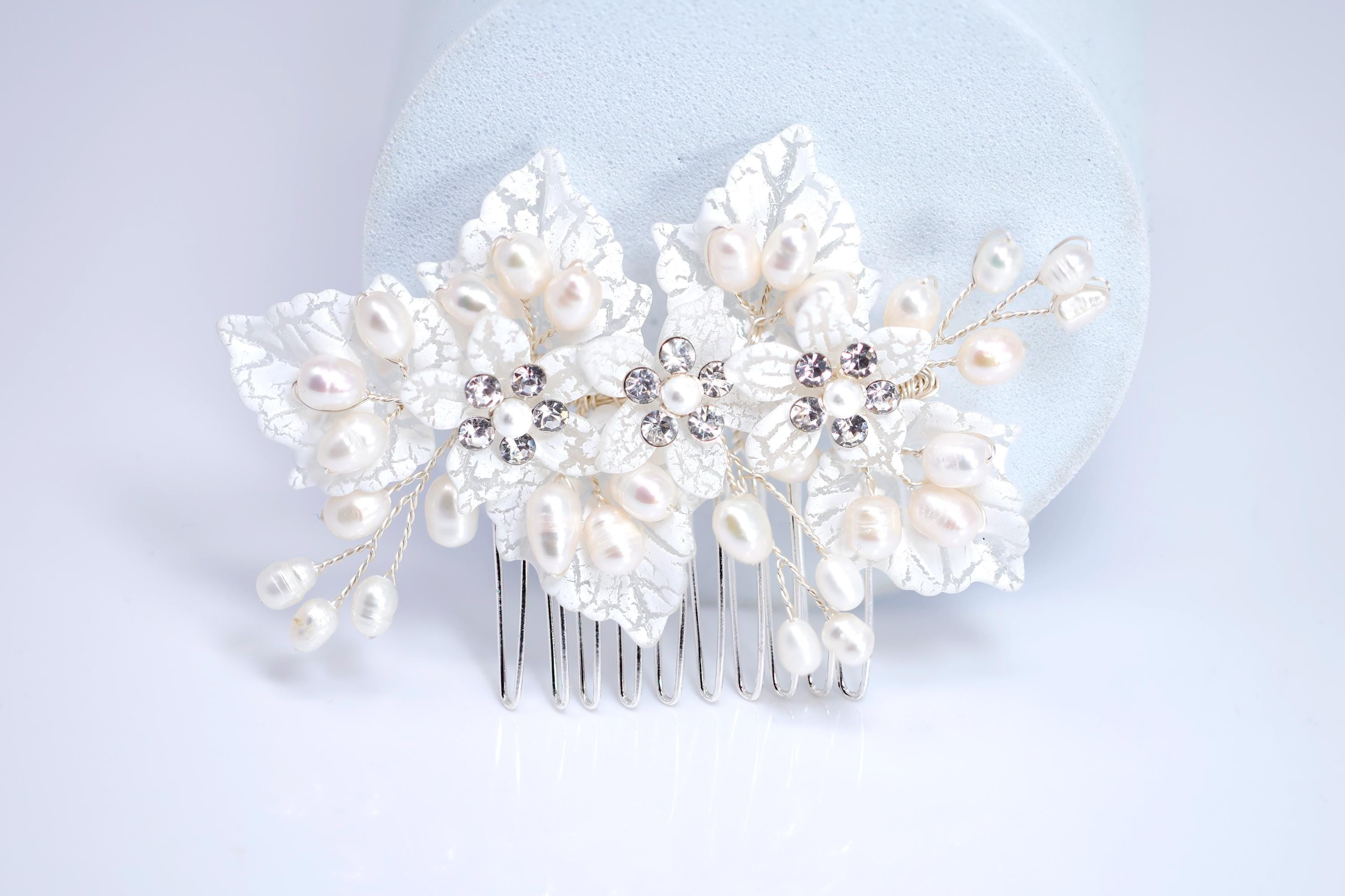 Natural Pearl, White Flower And Leaves Hair Comb, Bridal Hair Comb, Gift For Her, Bridesmaid, Mother Of Bride/Groom Accessory