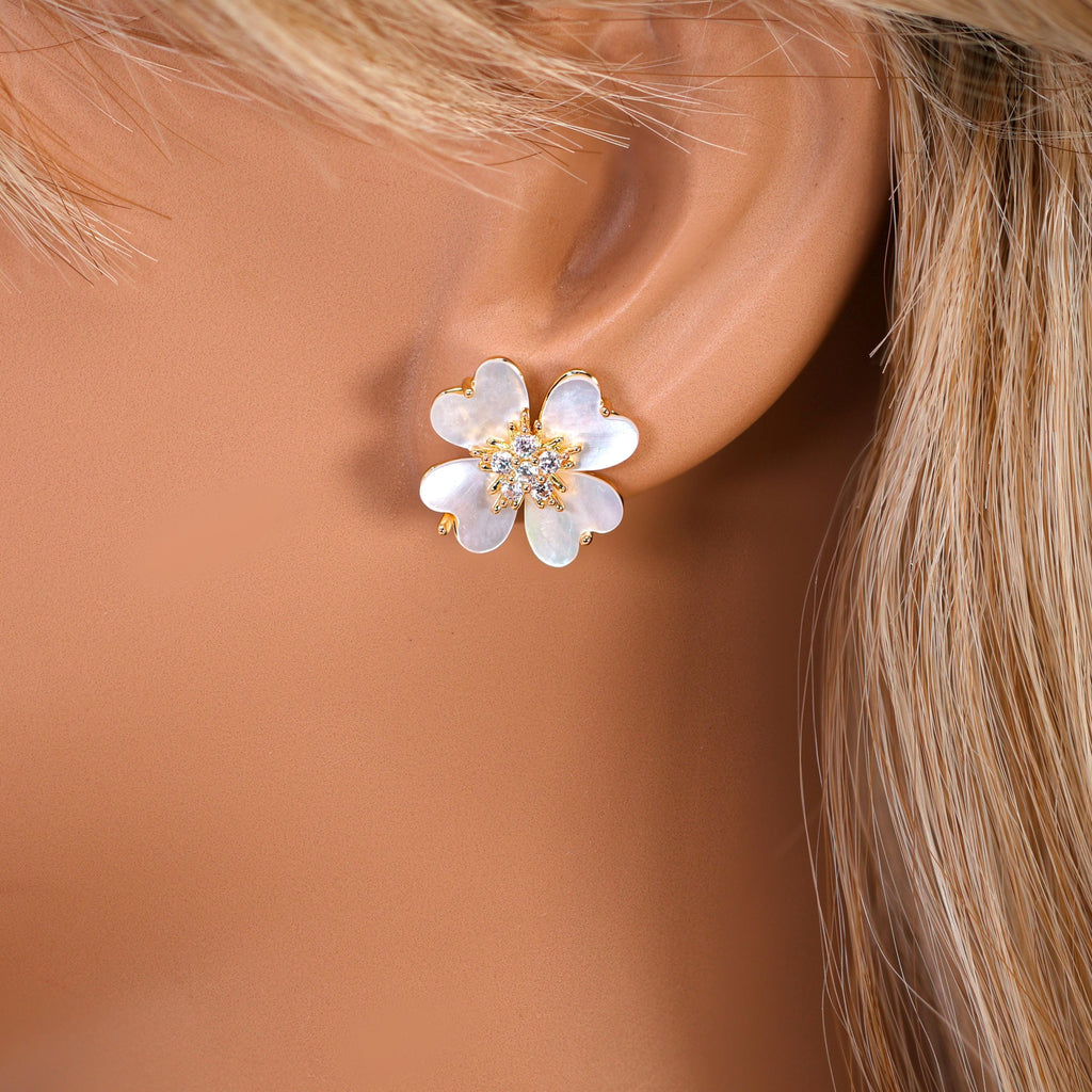 CZ Gold Mother Of Pearl Flower Earrings, Bridal Jewelry Bridal Peach flower Stud Earrings Pearl Stud Statement Earrings