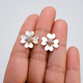 CZ Gold Mother Of Pearl Flower Earrings, Bridal Jewelry Bridal Peach flower Stud Earrings Pearl Stud Statement Earrings