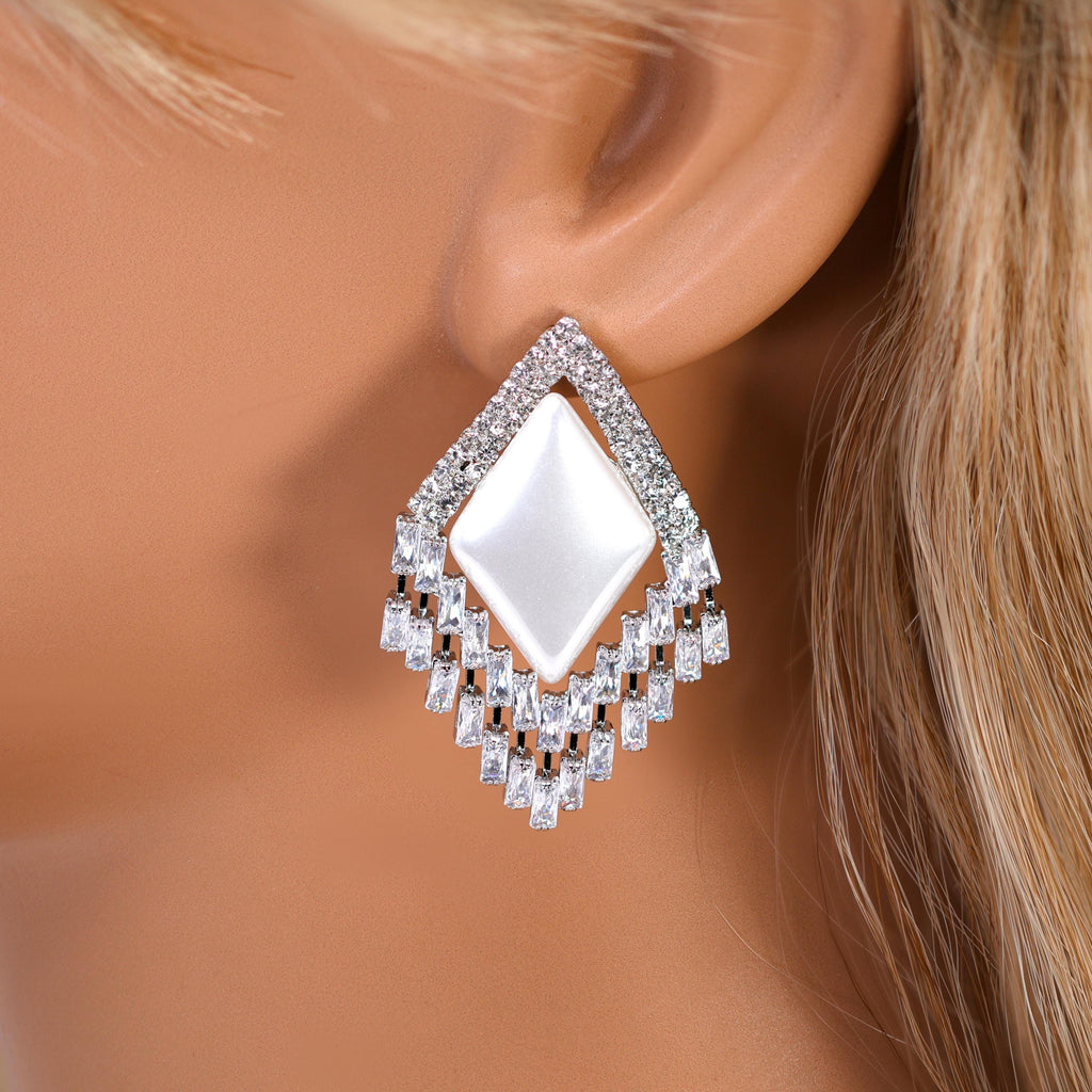 CZ Deco Mirage Faux Pearl Tassel Stud Earrings, Bridal Jewelry, Crystal Bridal Earrings, Statement Earrings Cz