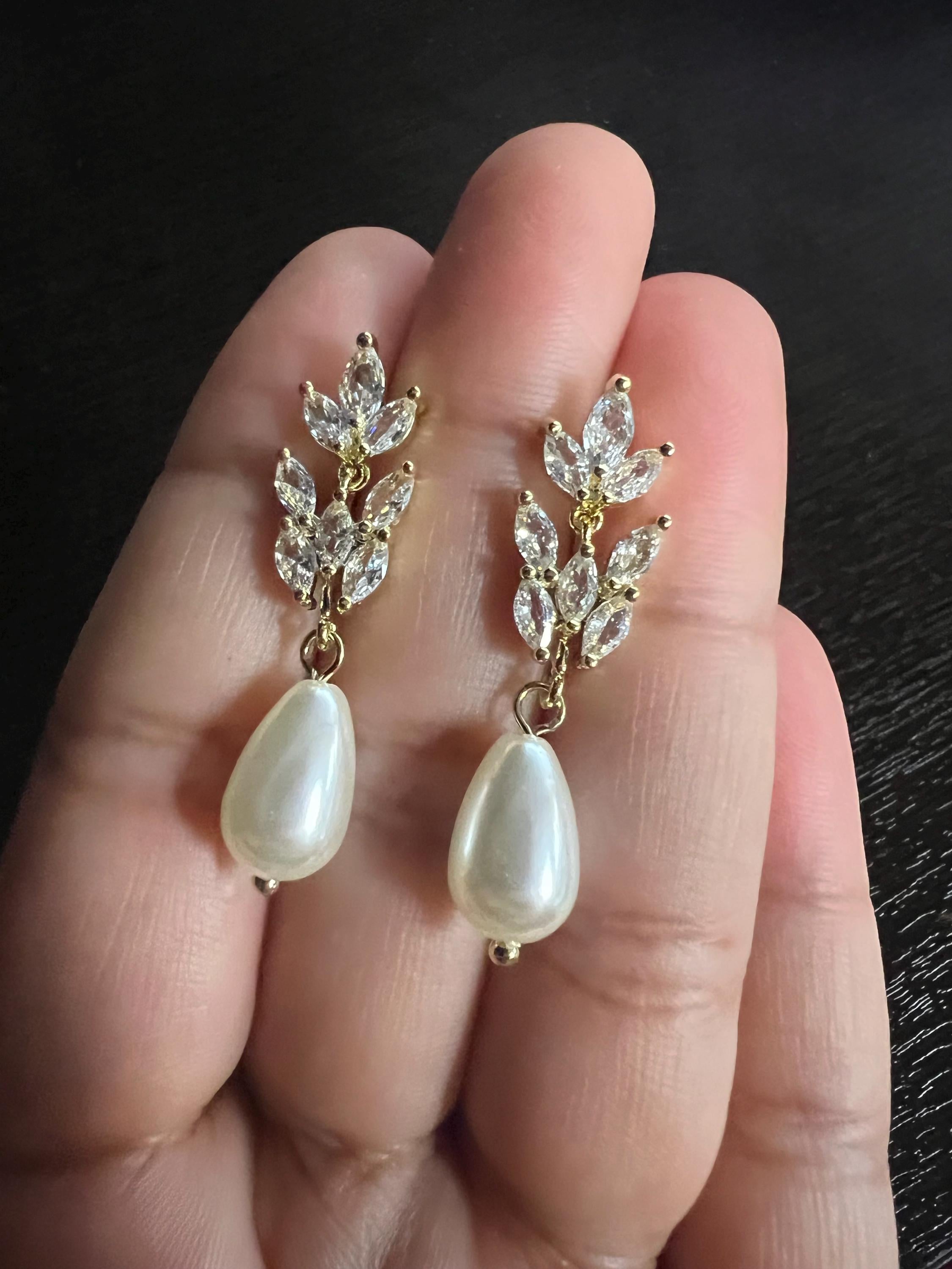 Swarovski Crystal Faux Pearl Drop Vine Leaves Earrings, Long Bridal Earrings, Statement Earrings Cz