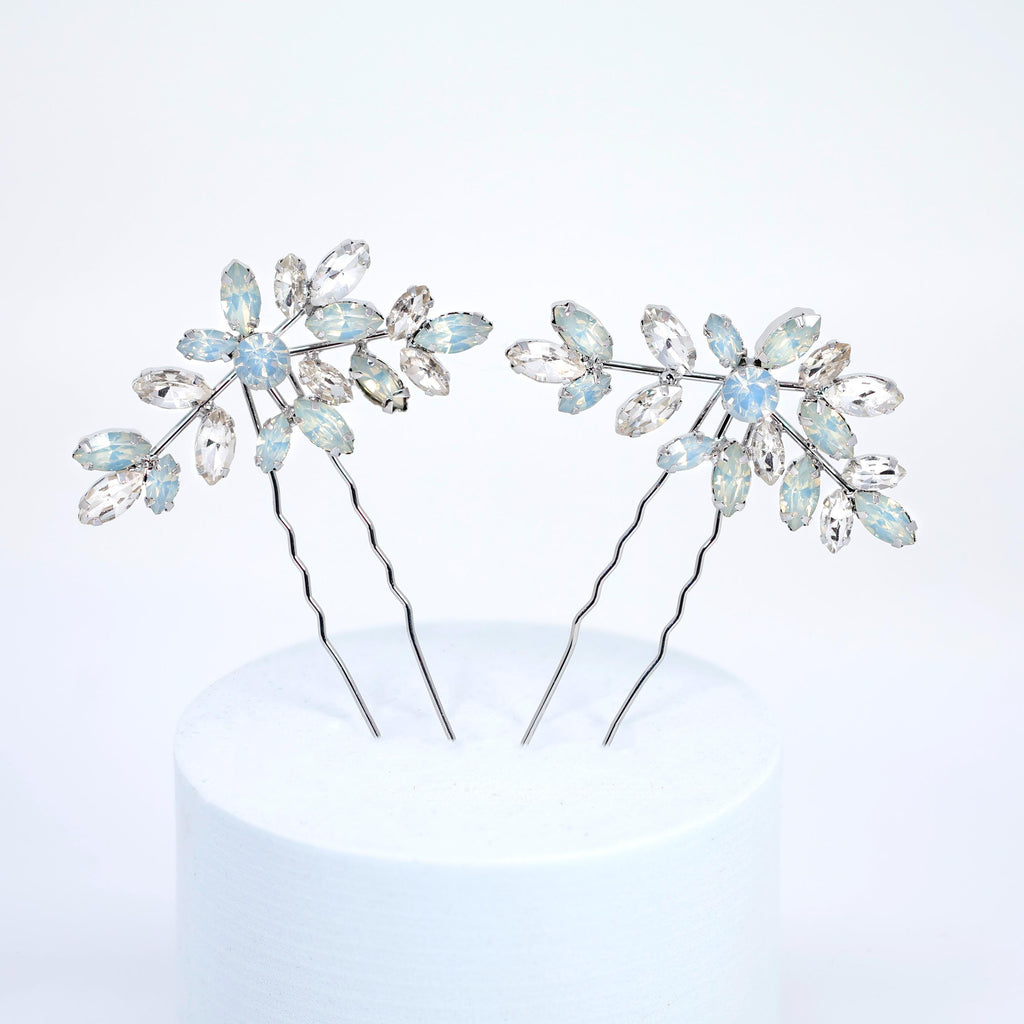Set Of Two Something Blue Rhinestone Vine Leaves Bridal Hair Pins, Gift For Her, Opal Bride Hair Accessories, Mother Of Bride/Groom