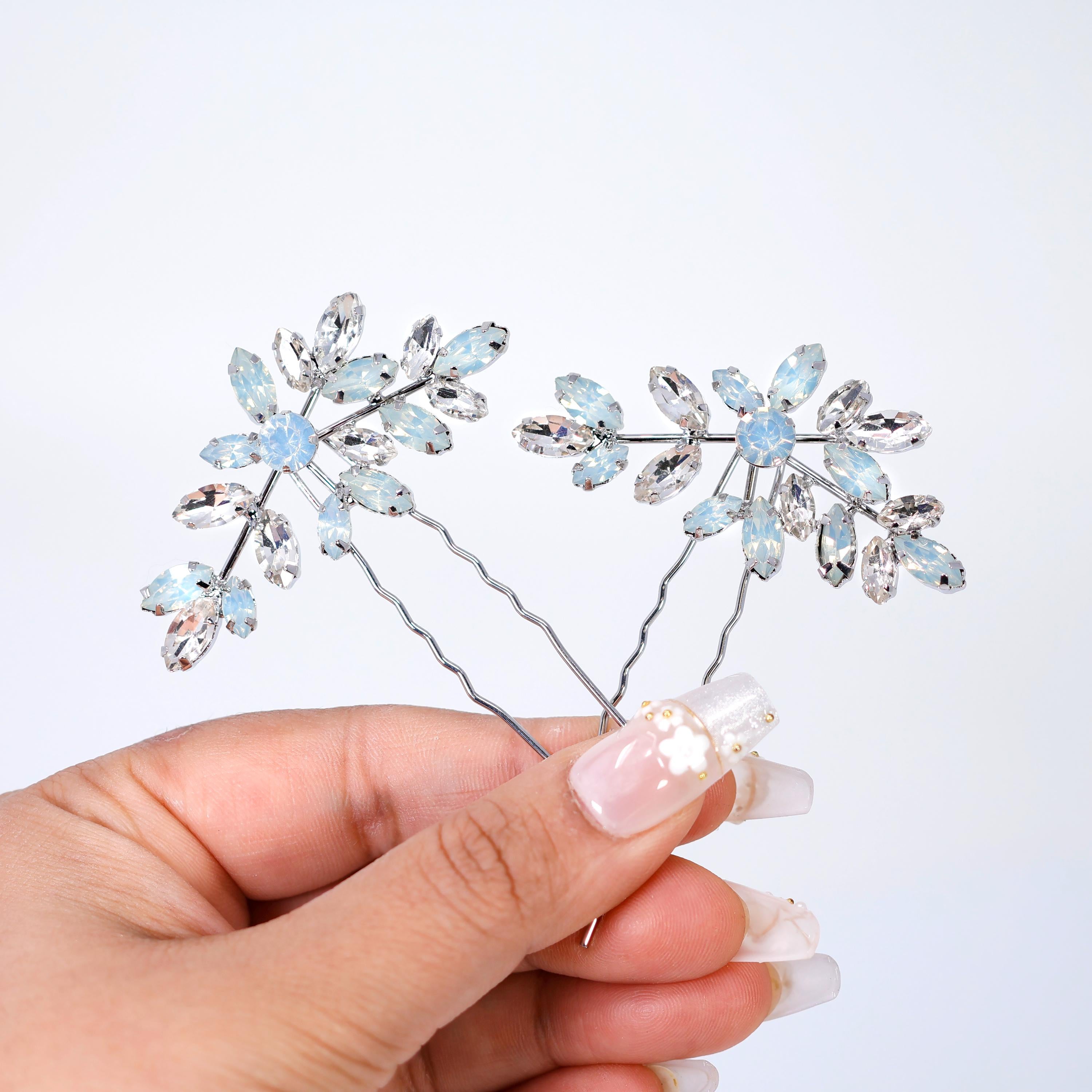 Set Of Two Something Blue Rhinestone Vine Leaves Bridal Hair Pins, Gift For Her, Opal Bride Hair Accessories, Mother Of Bride/Groom
