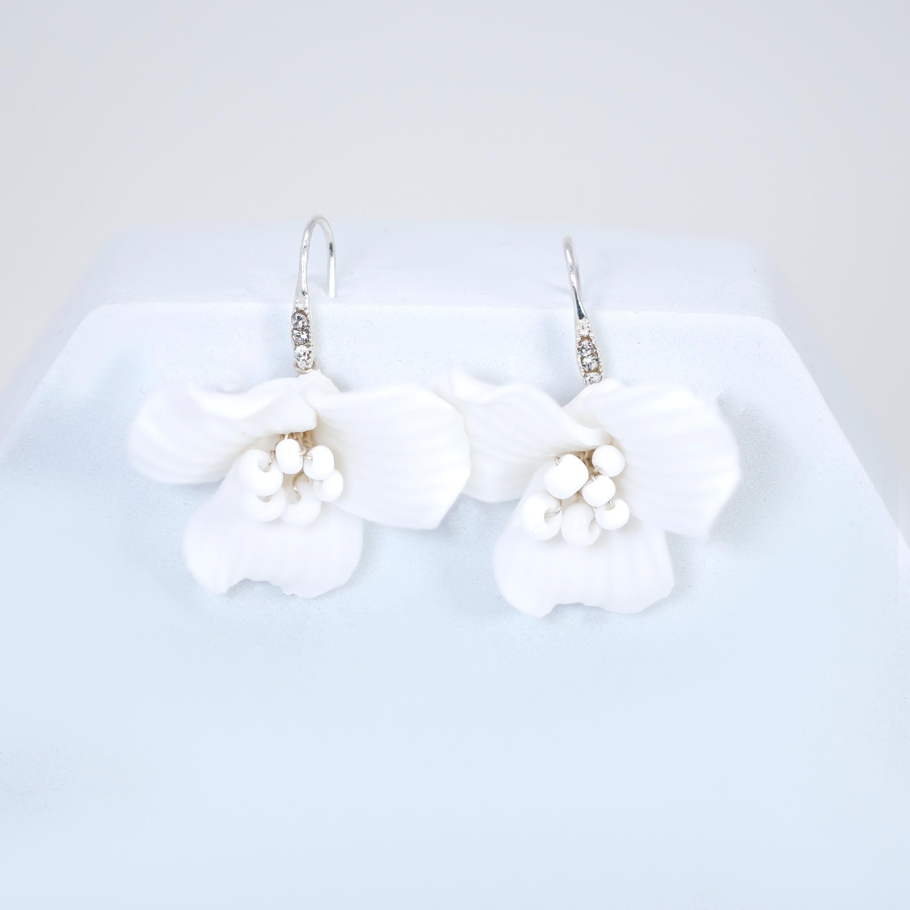 White Flower Lily Bloom Earrings, Long Bridal Jewelry Bridal Earrings Crystal Bridal Earrings Statement Earrings Cz