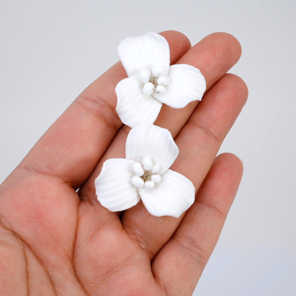 White Flower Lily Bloom Earrings, Long Bridal Jewelry Bridal Earrings Crystal Bridal Earrings Statement Earrings Cz