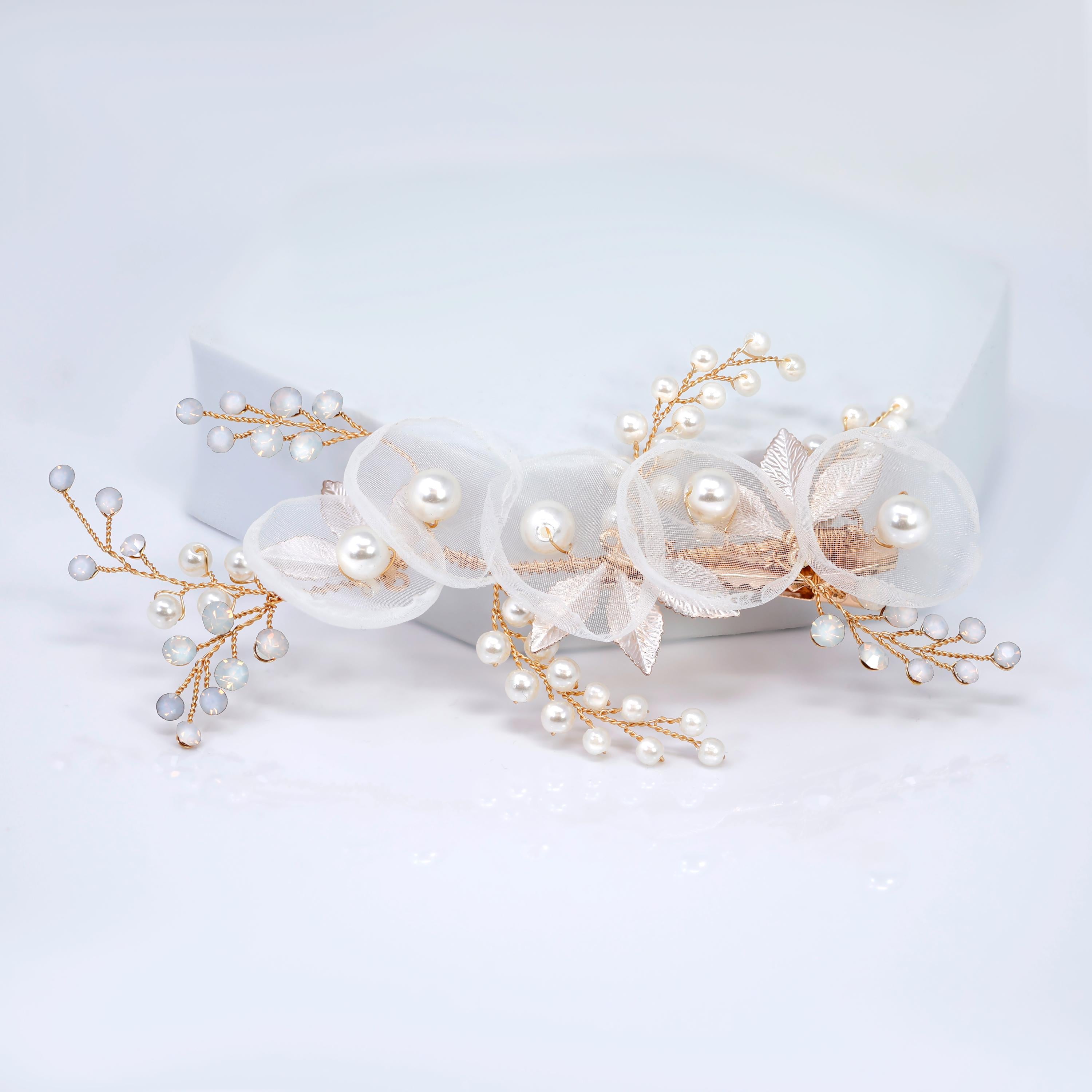 Ivory Petal Whisper Organza Bloom White Floral Bridal Hair Clip, Bridesmaid Gift, Gold Lace Fabric Wedding Hair Accessory, Pearl clip.
