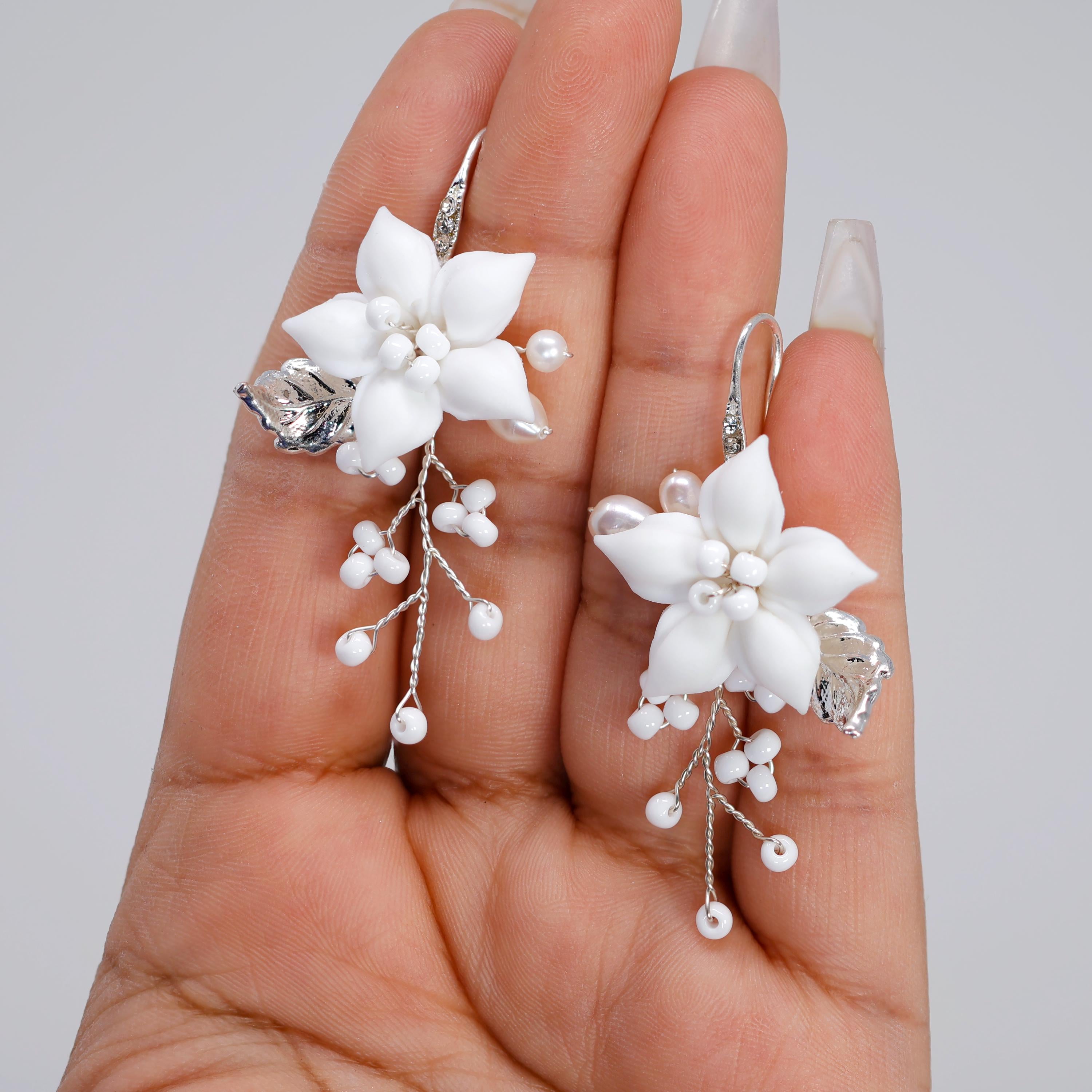 Porcelain White Jasmine flower Natural Freshwater Cultured Pearl Vine Bridal Earring, Dangle earring, Natural Cultured Pearl Earring