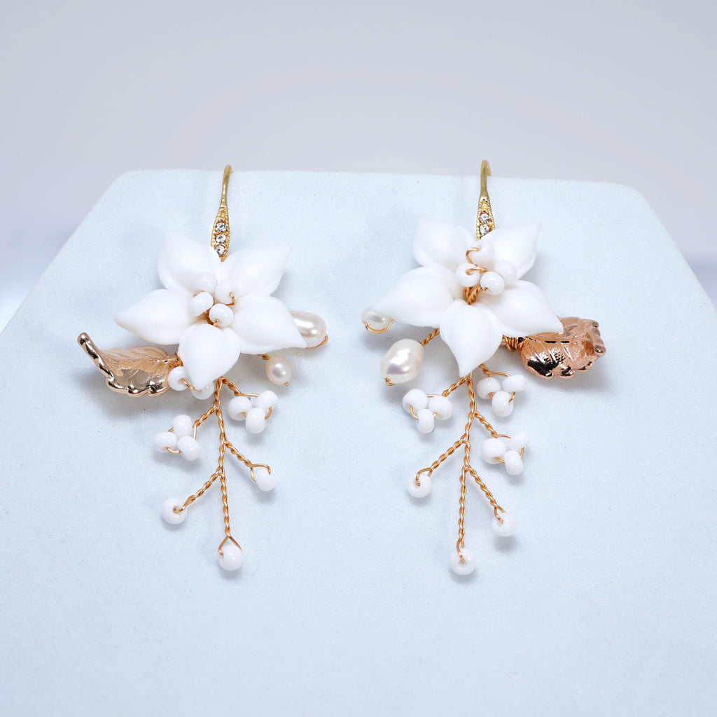 Porcelain White Jasmine flower Natural Freshwater Cultured Pearl Vine Bridal Earring, Dangle earring, Natural Cultured Pearl Earring