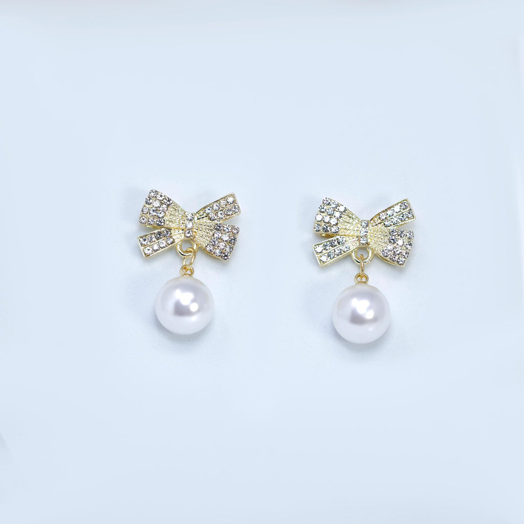 Golden Crystal Bow With white and Black Drop Earrings, Pearl Drop Earrings, Statement earrings.