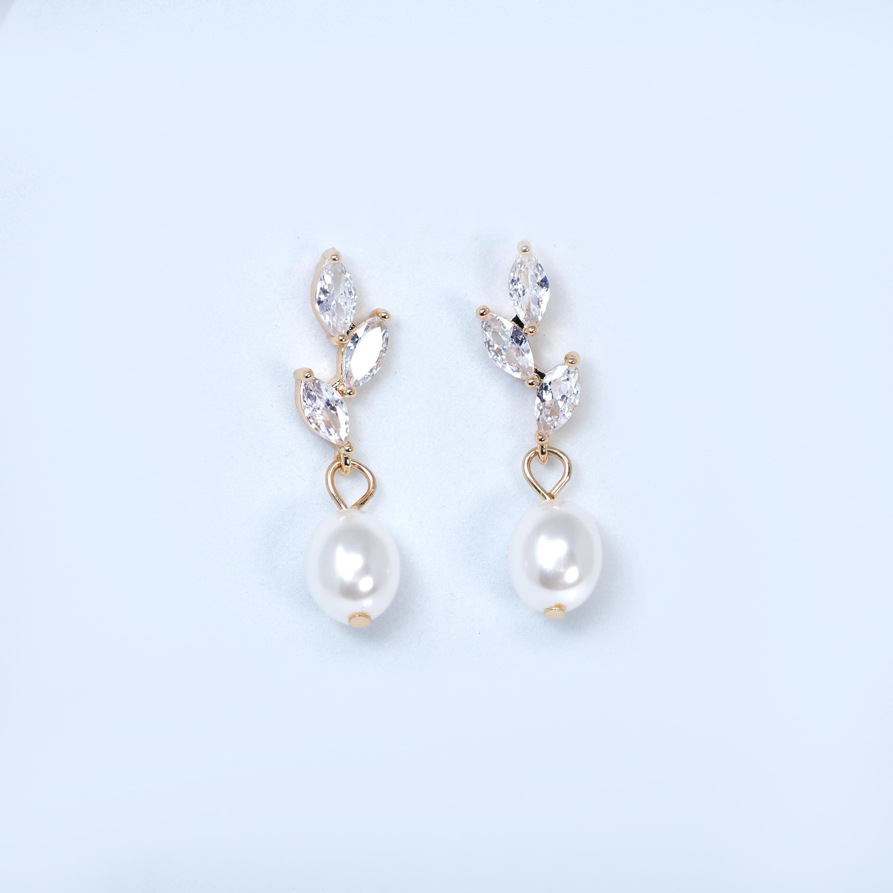 14k Gold Cubic Zirconia First light White Pearl Dew drop Dainty Earrings, Bridal Jewelry, Minimalist Earring, Crystal Statement Earrings Cz