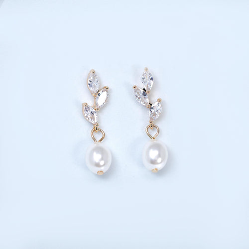14k Gold Cubic Zirconia First light White Pearl Dew drop Dainty Earrings, Bridal Jewelry, Minimalist Earring, Crystal Statement Earrings Cz