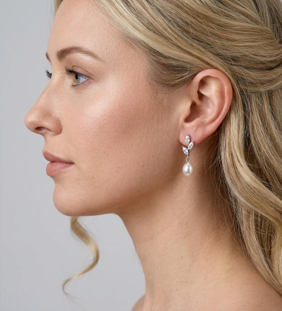 14k Gold Cubic Zirconia First light White Pearl Dew drop Dainty Earrings, Bridal Jewelry, Minimalist Earring, Crystal Statement Earrings Cz