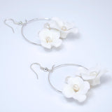 Natural Cultured Pearl Ceramic White Flower Couple Dangle Hoop Earrings, Bridal Jewelry, Pearl Bridal Earrings, Statement Dangle Earrings