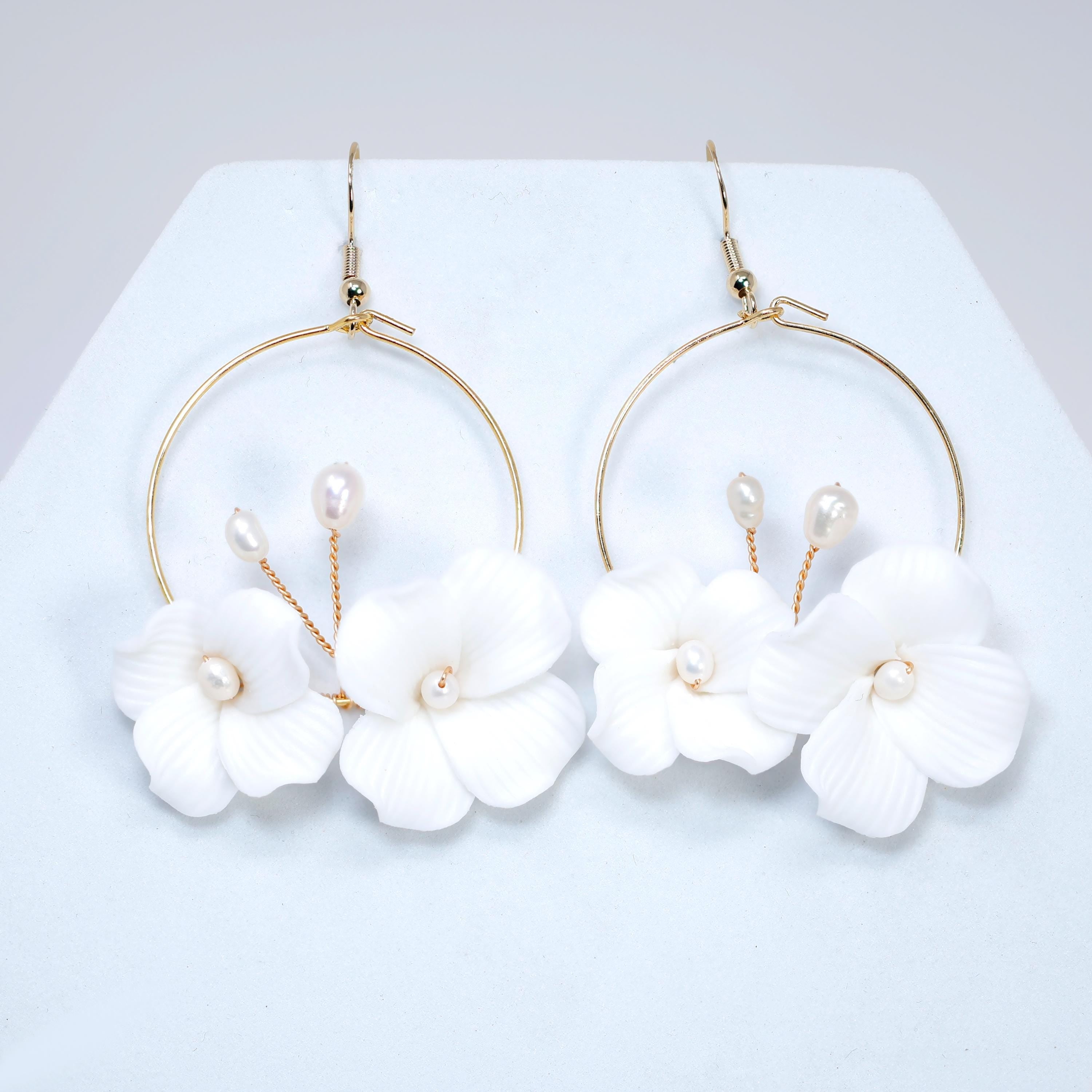 Natural Cultured Pearl Ceramic White Flower Couple Dangle Hoop Earrings, Bridal Jewelry, Pearl Bridal Earrings, Statement Dangle Earrings