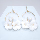 Natural Cultured Pearl Ceramic White Flower Couple Dangle Hoop Earrings, Bridal Jewelry, Pearl Bridal Earrings, Statement Dangle Earrings